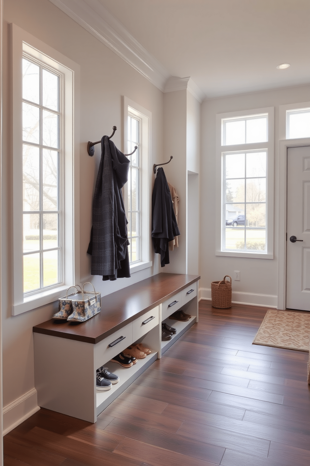 A contemporary mudroom features a sleek bench with built-in clever shoe storage underneath, designed to maximize space and maintain organization. The walls are adorned with modern hooks for coats, and large windows allow natural light to flood the area, enhancing the inviting atmosphere.