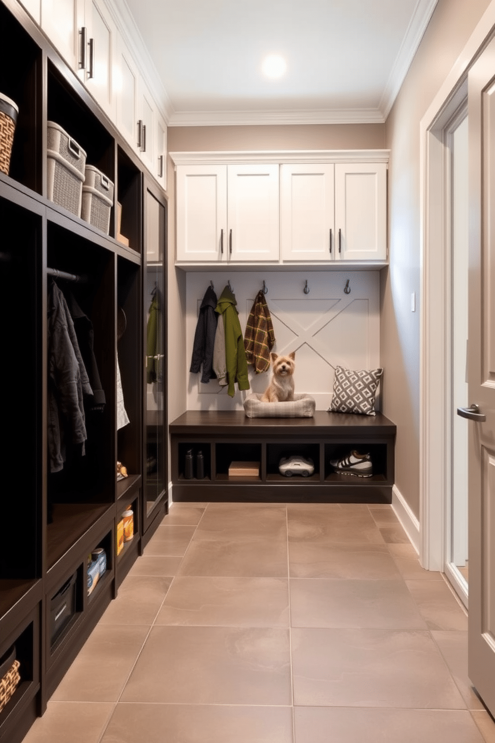 A stylish integrated pet area featuring built-in storage solutions. The space includes a cozy nook with a pet bed, surrounded by cabinets for toys and supplies, all designed in a modern aesthetic. A contemporary mudroom design that maximizes functionality and style. It incorporates a bench with storage cubbies, hooks for coats, and a sleek tile floor that complements the overall decor.