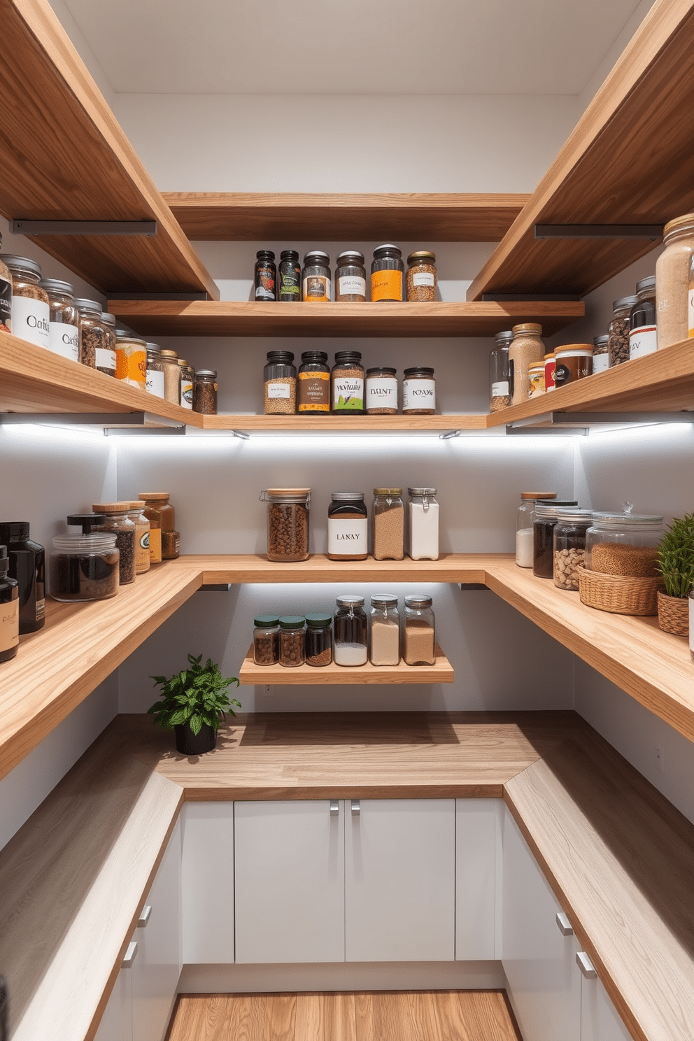 A contemporary pantry features open shelving that allows for easy access to frequently used items, creating a functional and organized space. The shelves are made of sleek wood, complemented by minimalist metal brackets, showcasing neatly arranged jars and containers for a clean aesthetic. The pantry is illuminated with soft LED lighting, highlighting the textures of the natural wood and the vibrant colors of the stored ingredients. A stylish countertop provides additional workspace, while a small herb garden adds a touch of greenery and freshness to the design.