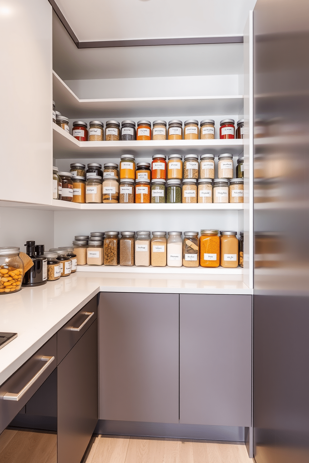 A contemporary pantry features labeled jars neatly arranged on open shelving, showcasing a variety of colorful ingredients for easy access. The cabinetry is sleek and minimalistic, with a mix of matte and glossy finishes that enhance the modern aesthetic.