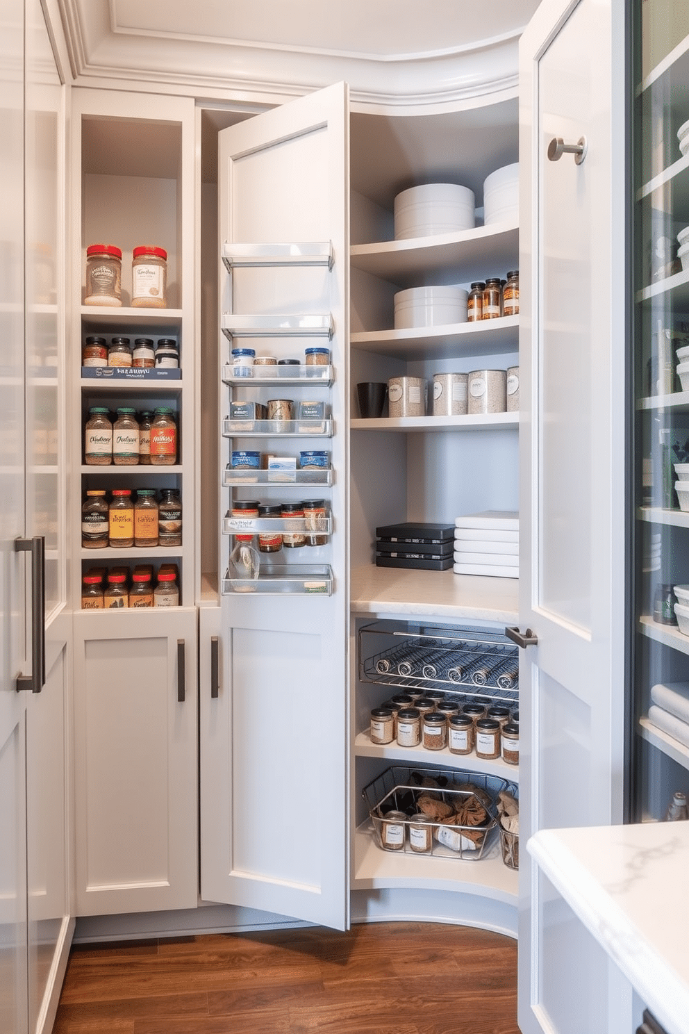 A contemporary pantry featuring built-in spice racks designed for easy accessibility. The cabinetry is sleek and modern, with a combination of open shelving and closed storage to keep the space organized and visually appealing.