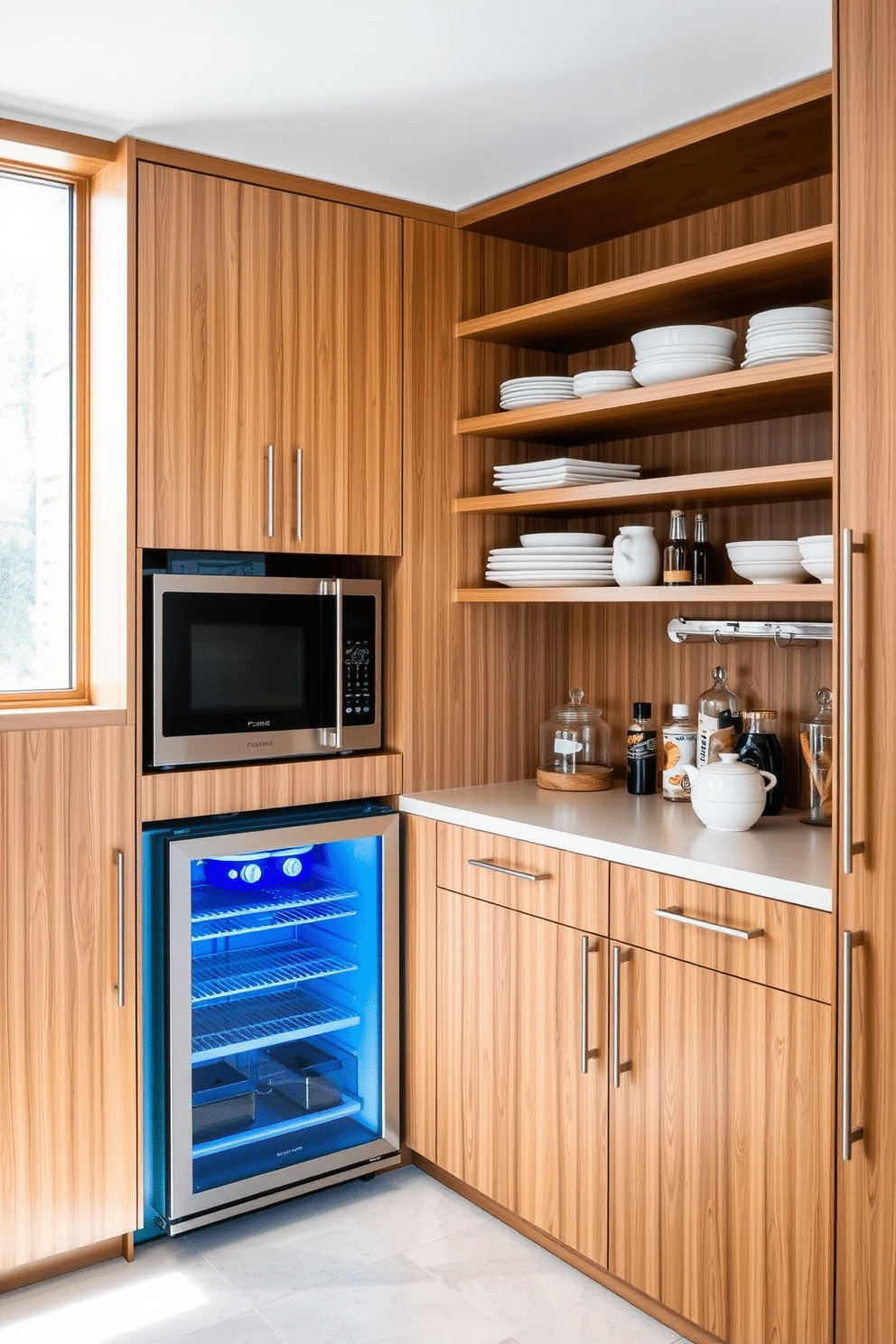 A contemporary pantry featuring hidden appliances seamlessly integrated into custom cabinetry. The design includes sleek, minimalist doors that conceal a refrigerator, microwave, and other essentials, maintaining a clean and organized aesthetic. Natural light filters in through a frosted glass window, highlighting the warm wood tones of the cabinetry. Open shelving showcases curated dishware and pantry items, adding a touch of personality while keeping the space functional and stylish.