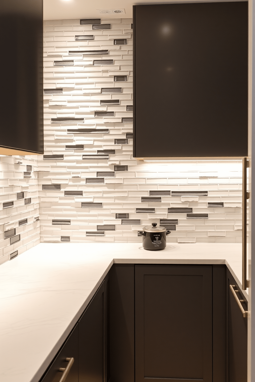 A contemporary pantry features a textured backsplash that adds visual interest, showcasing a mix of matte and glossy tiles in a harmonious color palette. The cabinetry is sleek and modern, with integrated lighting that highlights the unique backsplash and creates an inviting atmosphere.