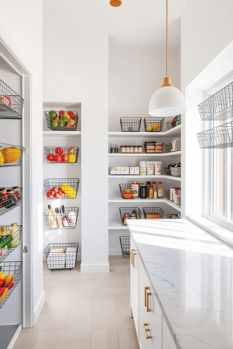 A contemporary pantry design featuring wire baskets for airy storage. The space is bright and open, with shelves lined with neatly organized wire baskets displaying an array of colorful fruits and pantry staples. The walls are painted in a soft white, enhancing the natural light that floods the room. A sleek countertop made of polished quartz provides a functional workspace, complemented by stylish pendant lighting overhead.