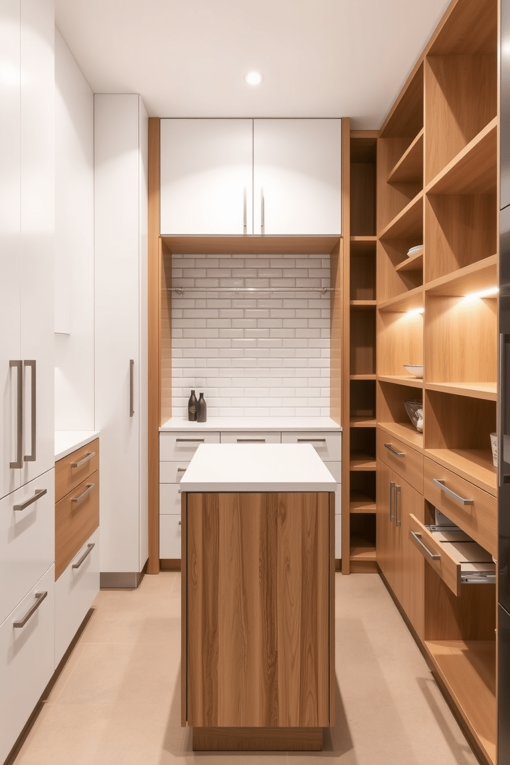 A sleek and modern pantry featuring custom cabinetry that maximizes storage while maintaining an open feel. The cabinetry showcases a mix of matte white and natural wood finishes, complemented by minimalist hardware and integrated lighting. The design includes pull-out shelves and deep drawers for easy access to kitchen essentials. A stylish backsplash made of subway tiles adds a touch of elegance, while a small island in the center provides additional workspace and seating.