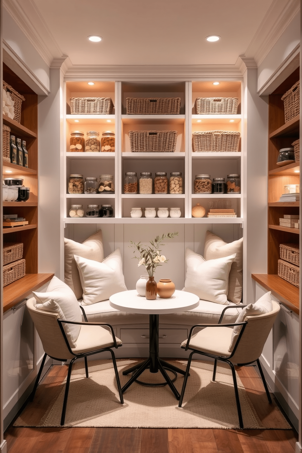 A charming pantry nook featuring cozy seating with plush cushions in soft, neutral tones. The space includes built-in shelves filled with neatly organized jars and baskets, complemented by warm wood accents and ambient lighting. The walls are painted in a light, airy color, enhancing the inviting atmosphere. A small round table sits in the center, perfect for casual meals or morning coffee, surrounded by stylish, modern chairs.