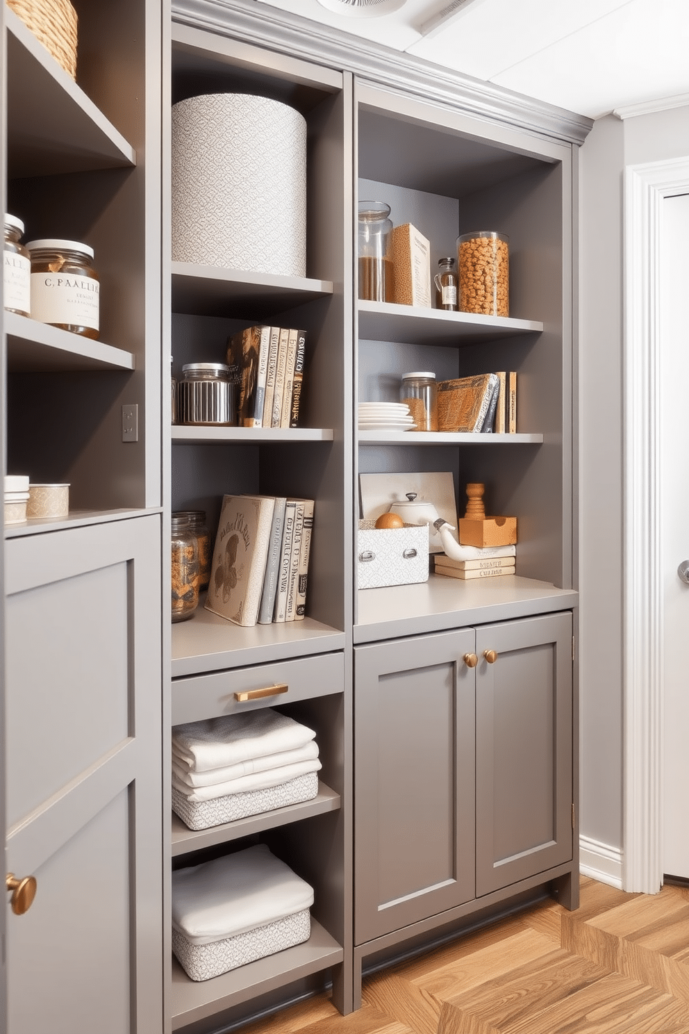 A contemporary pantry features a harmonious blend of open and closed storage solutions that maximize both functionality and style. Sleek cabinetry in a soft gray finish contrasts beautifully with open shelving displaying artisanal jars and decorative cookbooks, creating an inviting and organized space.