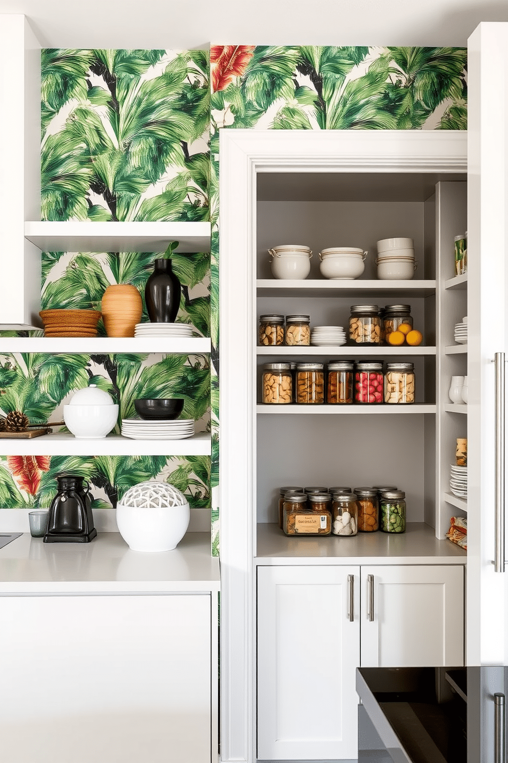 Accent wall with bold wallpaper. The wall features a vibrant tropical print that adds a lively touch to the room, complemented by sleek, modern shelving units filled with decorative kitchenware. Contemporary pantry design ideas. The pantry showcases minimalist cabinetry with a matte finish, and open shelving displays neatly organized jars, creating a functional yet stylish space.