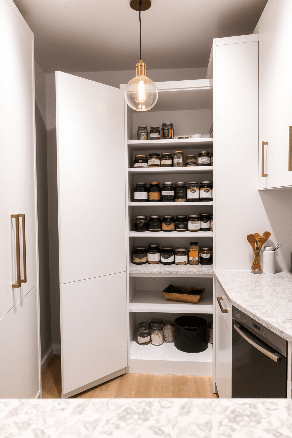 A contemporary pantry featuring minimalist cabinetry with sleek finishes. The cabinetry is a crisp white with integrated handles, allowing for a seamless look, while the countertops are a polished quartz in a soft gray hue. Open shelving displays neatly organized jars and ingredients, enhancing both functionality and aesthetics. A subtle pendant light hangs above, casting a warm glow and highlighting the clean lines of the design.