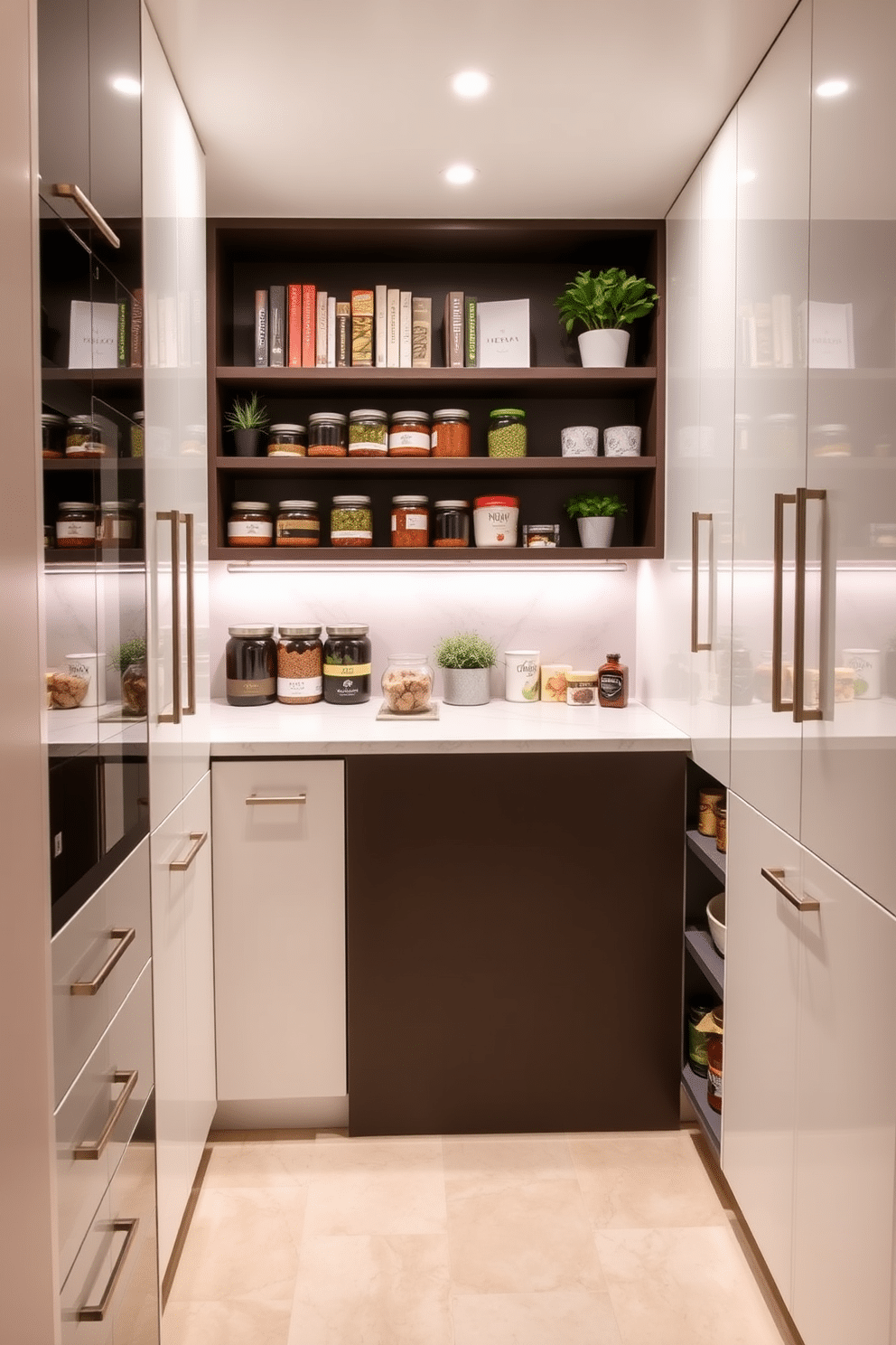 A contemporary pantry featuring sleek cabinetry with a high-gloss finish and minimalist hardware. The space is illuminated by recessed lighting, highlighting the organized shelves filled with neatly arranged jars and containers. The pantry includes a central island with a marble countertop, providing additional prep space and storage underneath. Open shelving above displays decorative cookbooks and vibrant herbs in stylish pots, adding a touch of greenery to the modern design.