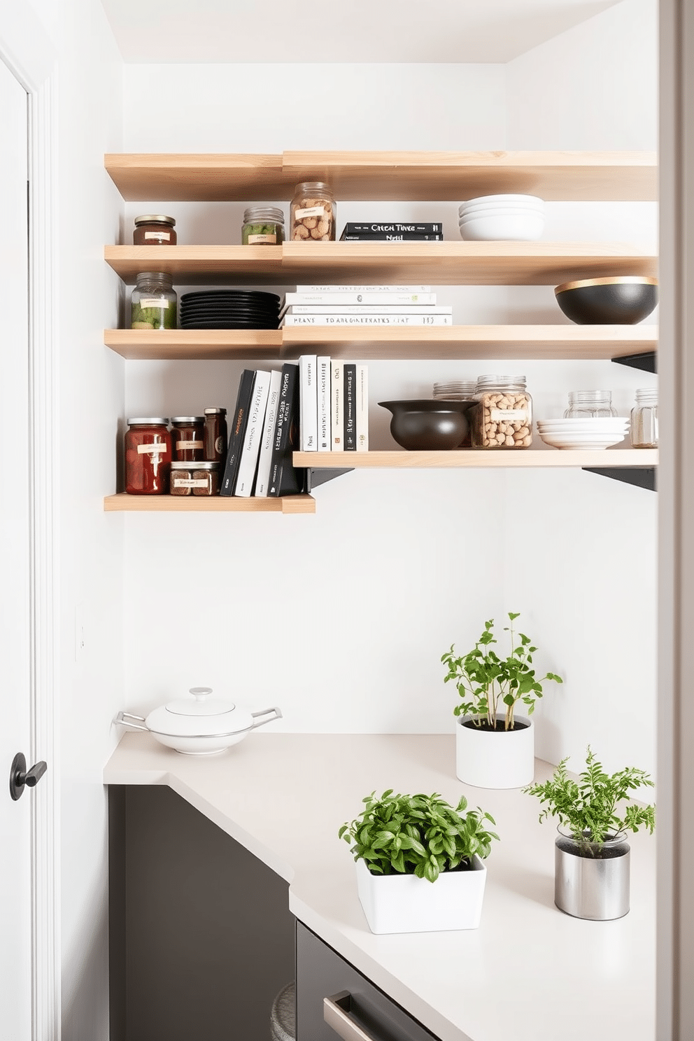 A modern pantry featuring sleek floating shelves that provide both display and storage solutions. The shelves are crafted from light wood and are adorned with neatly arranged jars, cookbooks, and decorative items, creating an organized yet stylish look. The pantry walls are painted in a soft white, enhancing the bright and airy feel of the space. A minimalist countertop below the shelves offers additional workspace, complemented by a small herb garden in a stylish planter.