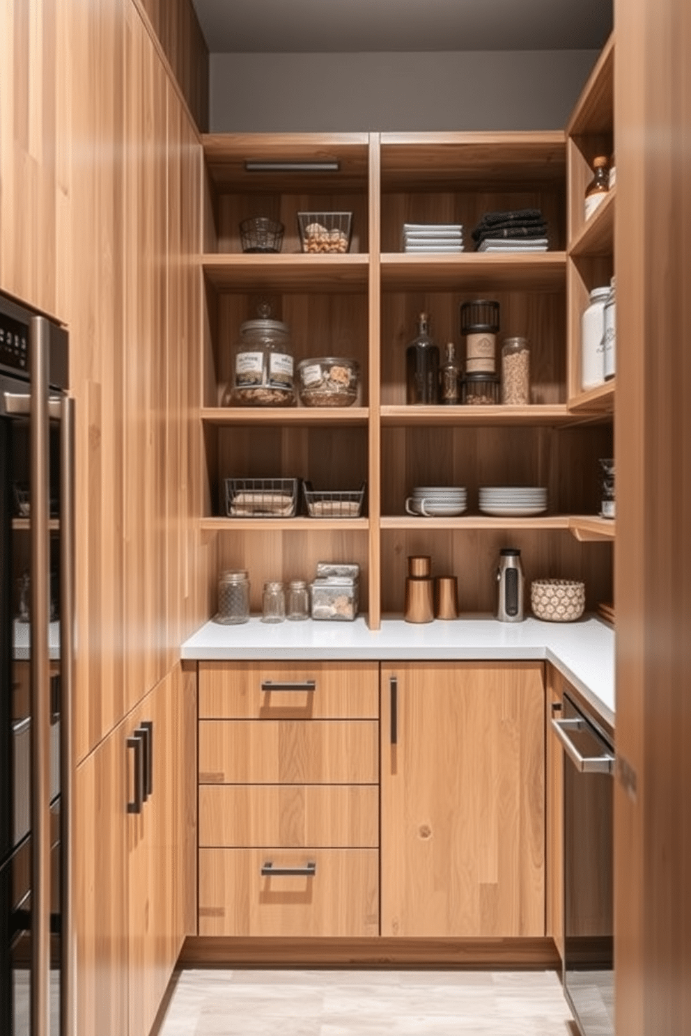 A contemporary pantry designed with eco-friendly materials emphasizes sustainability while maintaining a sleek aesthetic. The cabinetry features reclaimed wood with a natural finish, complemented by energy-efficient LED lighting that highlights the organized shelves. The pantry includes stainless steel appliances that are both stylish and energy-efficient, ensuring minimal environmental impact. Open shelving made from bamboo provides a modern touch while allowing easy access to everyday items.