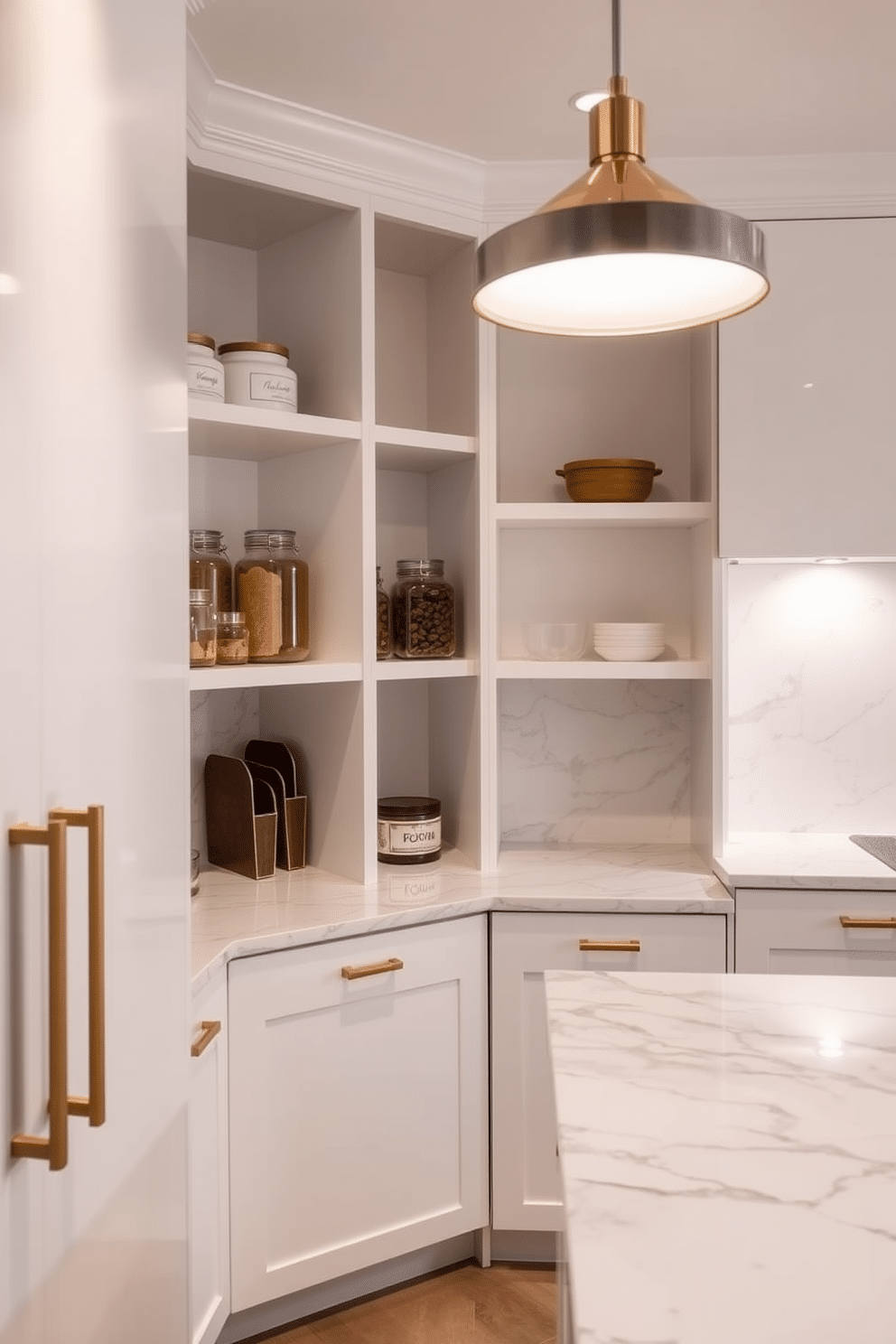 A contemporary pantry featuring sleek marble countertops that exude luxury and sophistication. The cabinetry is finished in a matte white, complemented by gold hardware, creating a seamless and elegant look. Open shelving displays artisanal jars and kitchen essentials, enhancing both functionality and style. A modern pendant light hangs above, illuminating the space with a warm glow, while a subtle backsplash adds a touch of texture.