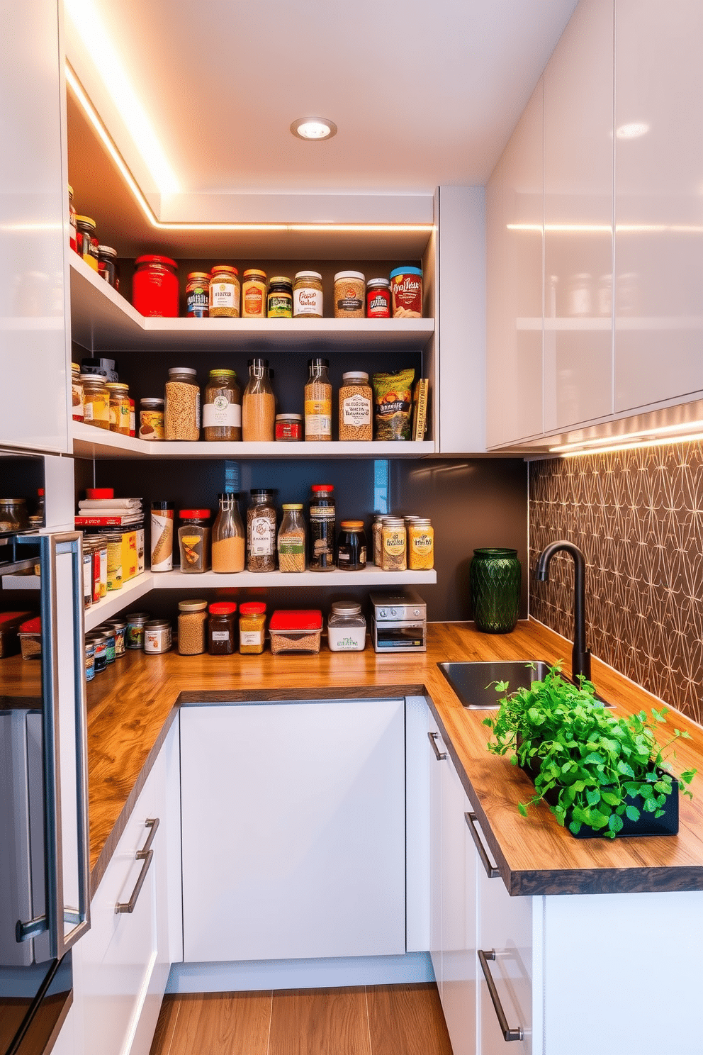 A contemporary pantry design featuring sleek cabinetry in a soft white finish, complemented by colorful accents such as vibrant jars and decorative containers. The space is illuminated by warm LED strip lighting, highlighting the organized shelves filled with an array of spices and snacks. Incorporate a bold backsplash in a geometric pattern to add visual interest, while a rustic wooden countertop provides a functional workspace. A small herb garden sits on the windowsill, bringing a touch of greenery and freshness to the modern pantry.