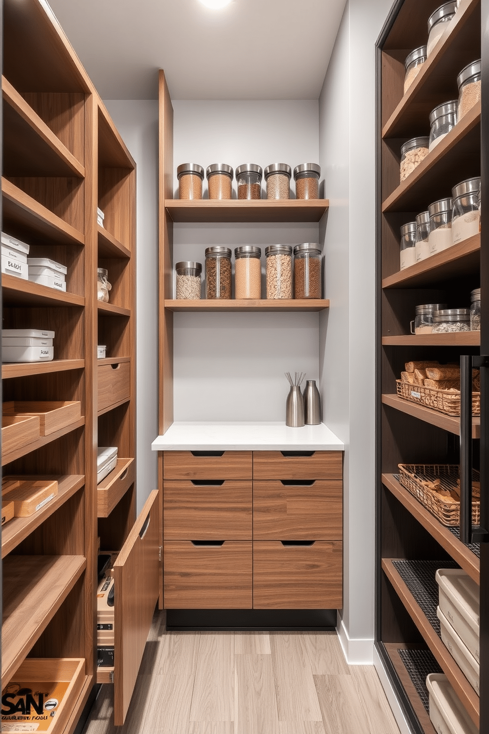 A contemporary pantry featuring smart storage solutions for small items. The design includes sleek shelving units with pull-out drawers and labeled containers, maximizing space efficiency while maintaining a clean aesthetic. Open shelving displays stylish jars filled with grains and spices, complemented by a chic countertop for meal prep. A mix of natural wood and modern metal finishes creates a warm yet sophisticated atmosphere.