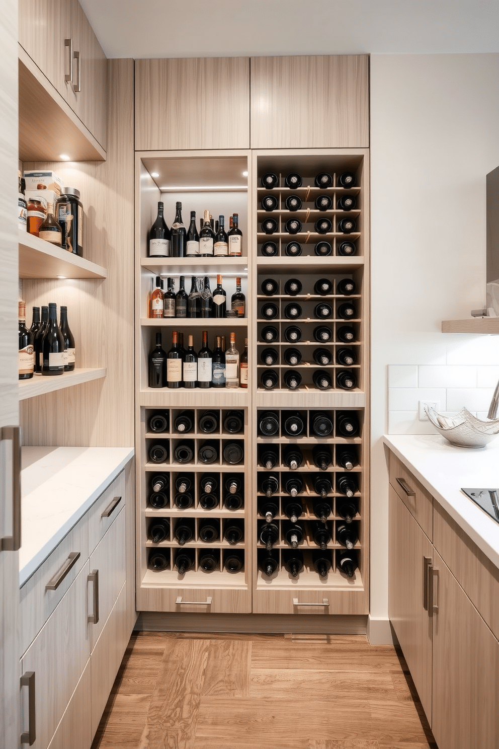 A modern pantry designed for functionality and style, featuring integrated wine racks seamlessly built into the cabinetry. The space showcases sleek, minimalist shelves filled with gourmet ingredients, while the wine racks display an array of bottles, adding a touch of elegance to the overall aesthetic. An inviting pantry layout that combines contemporary design with practical storage solutions, incorporating integrated wine racks for easy access during gatherings. The cabinetry is finished in a light wood tone, complemented by a chic backsplash and ample countertop space for food preparation and entertaining.