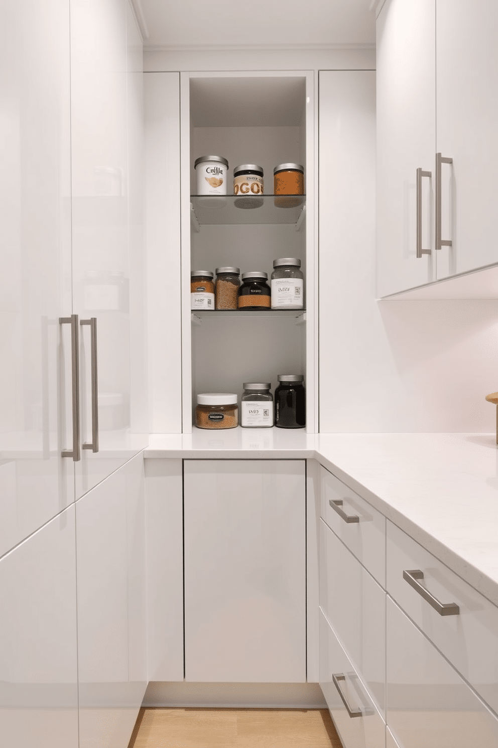 A contemporary pantry featuring easy-to-clean surfaces for practicality. The cabinetry is sleek and glossy, with white laminate doors and minimalist handles that enhance the modern aesthetic. Open shelving made of tempered glass displays neatly arranged jars and containers, while the countertop is a durable quartz surface that resists stains and scratches. Soft LED lighting illuminates the space, creating a bright and inviting atmosphere perfect for meal prep and organization.