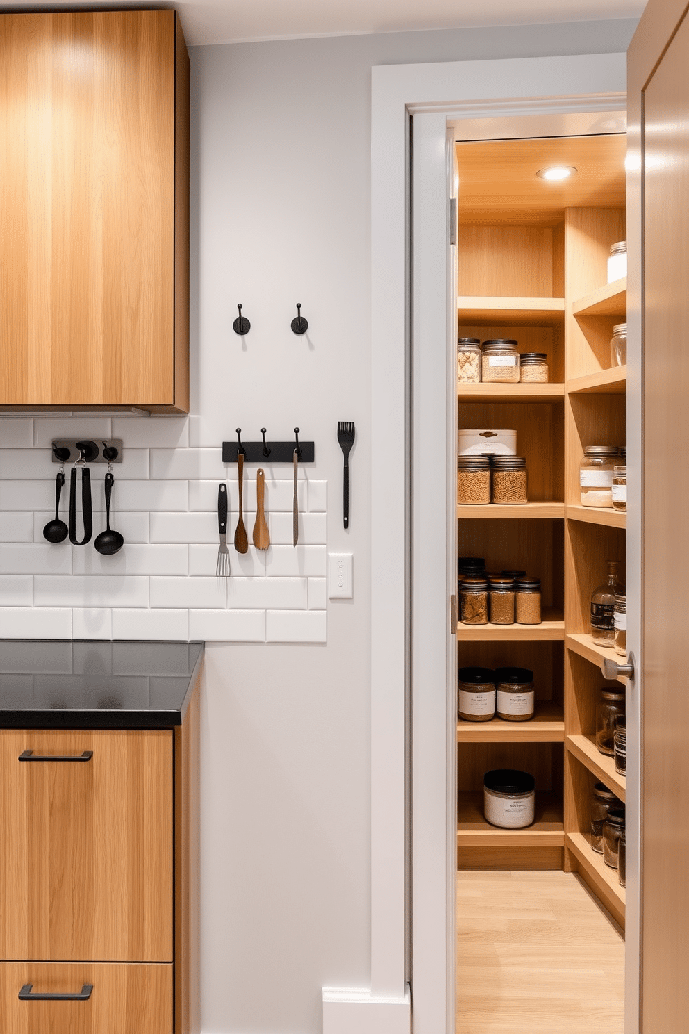 A modern kitchen featuring decorative hooks for kitchen tools, arranged in an aesthetically pleasing manner along a white subway tile backsplash. The hooks are finished in matte black, contrasting beautifully with the warm wood cabinetry and providing easy access to utensils. A spacious pantry designed with contemporary elements, showcasing sleek shelving units made of light oak wood. The pantry is illuminated by recessed lighting, highlighting neatly organized jars and containers, creating a functional yet stylish storage solution.