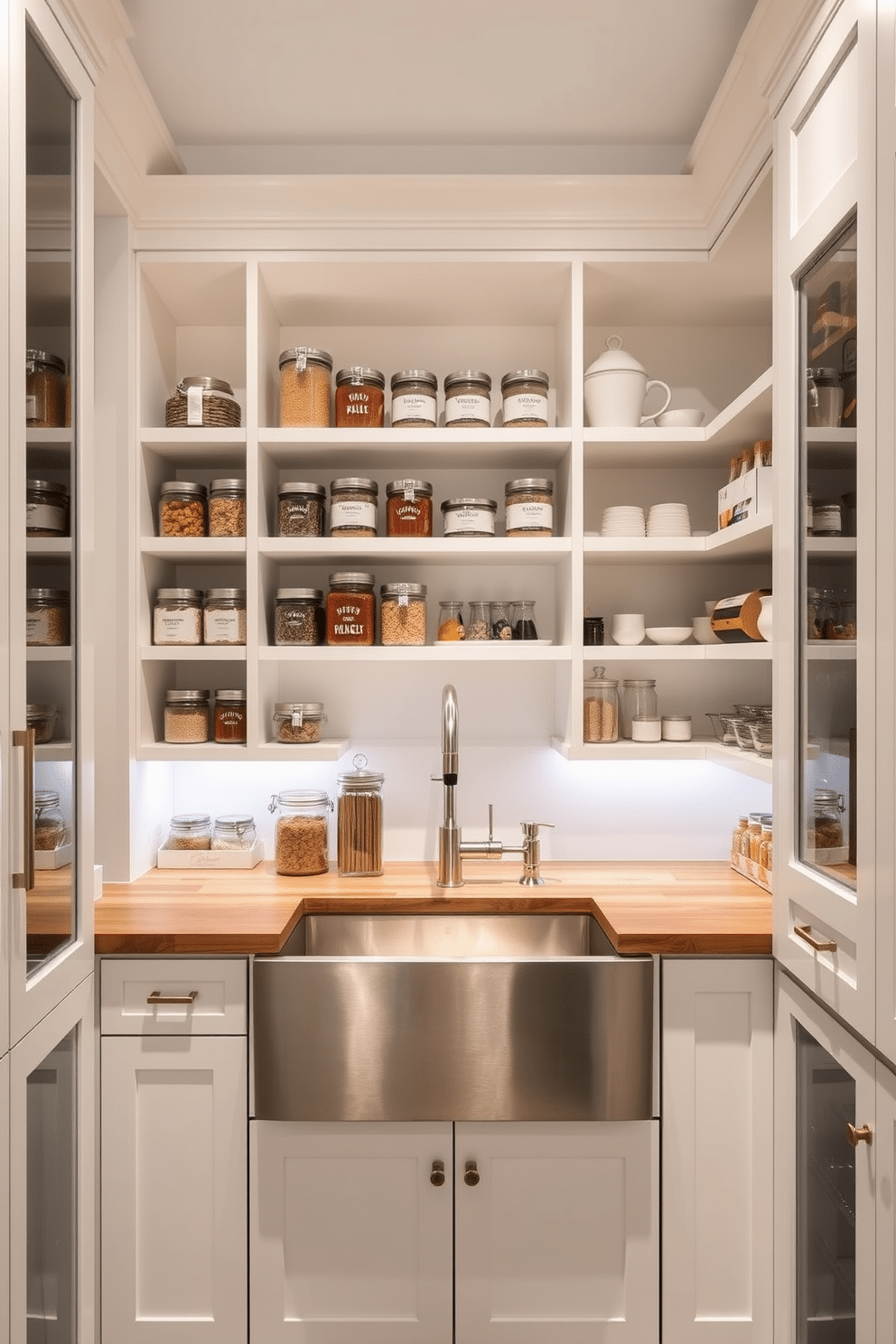 A spacious contemporary pantry features a large farmhouse sink made of stainless steel, providing both functionality and a stylish focal point. Sleek cabinetry in a soft white finish complements the rustic charm of the sink, while open shelving displays neatly organized jars and kitchenware for easy access. The pantry's design incorporates modern elements with a touch of warmth, including a wooden countertop that contrasts beautifully with the minimalist aesthetic. Subtle lighting under the shelves highlights the carefully curated decor, creating an inviting atmosphere for culinary creativity.