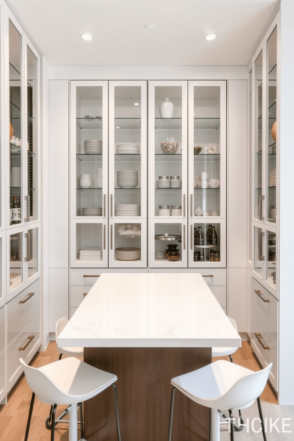 A contemporary pantry features sleek glass-front cabinets that allow for easy visibility of stored items. The cabinets are complemented by a minimalist island in the center, topped with a white quartz countertop and surrounded by stylish bar stools.