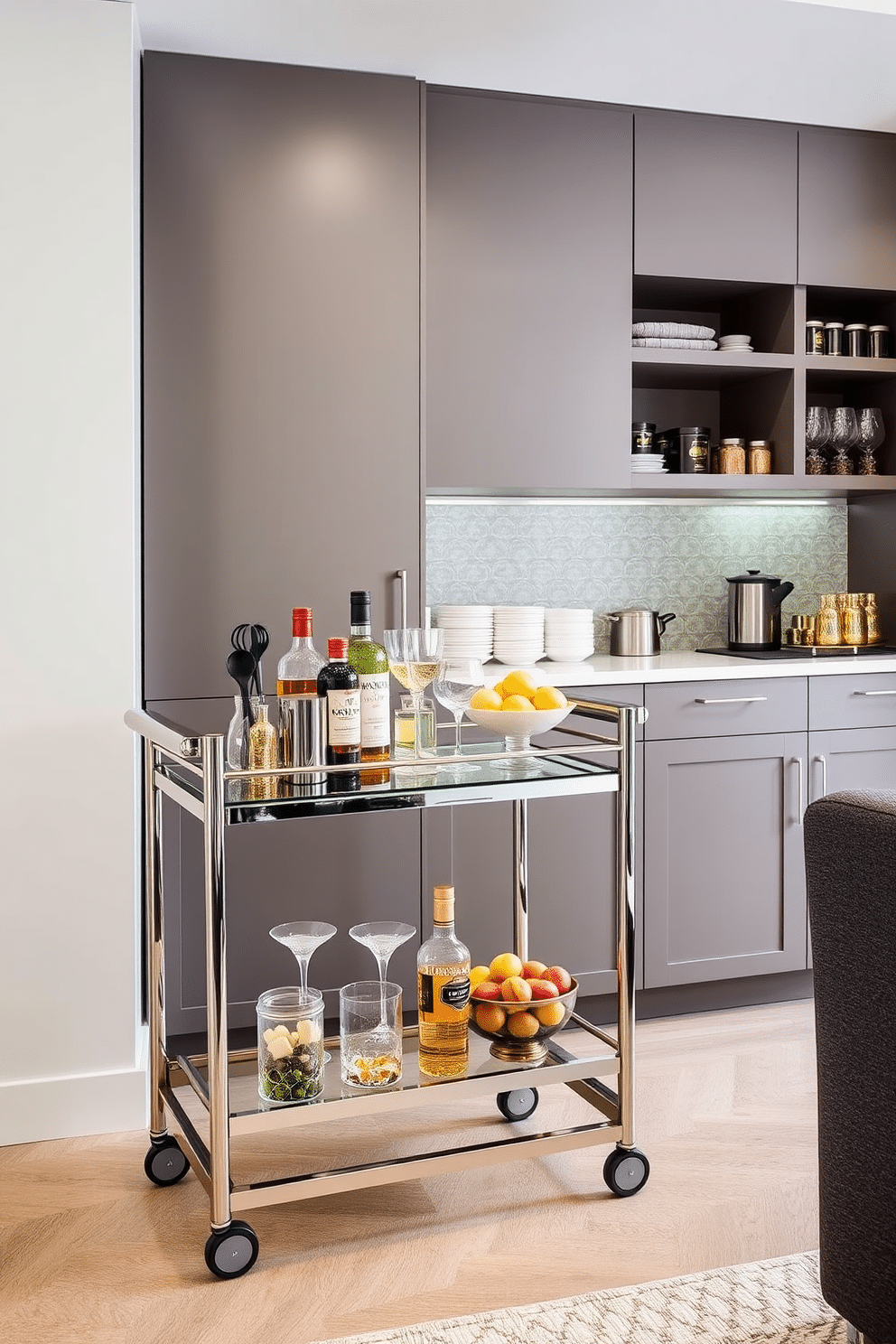 A stylish bar cart features a sleek metal frame with a glass top, adorned with an array of premium spirits and elegant glassware. It is complemented by a set of bar tools and a decorative bowl filled with fresh fruit, creating a chic focal point in the living area. The contemporary pantry design showcases minimalist cabinetry with clean lines and a combination of open and closed storage. Organized shelves display neatly arranged jars and containers, while a small countertop area provides space for meal prep and small appliances.