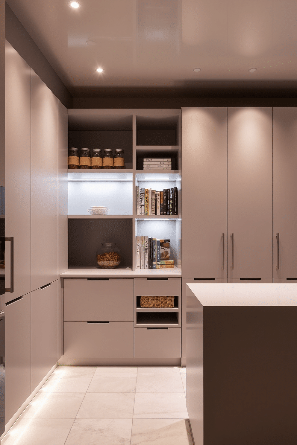 A contemporary pantry features sleek cabinetry with a matte finish, complemented by integrated LED strip lighting that highlights the clean lines and modern aesthetic. Open shelving displays neatly arranged jars and cookbooks, while a minimalist island provides additional workspace, creating a functional yet stylish environment. Integrated lighting enhances the ambiance of the pantry, with recessed lights strategically placed to illuminate key areas without overpowering the space. A warm color temperature adds a cozy feel, making it an inviting area for meal prep and organization.