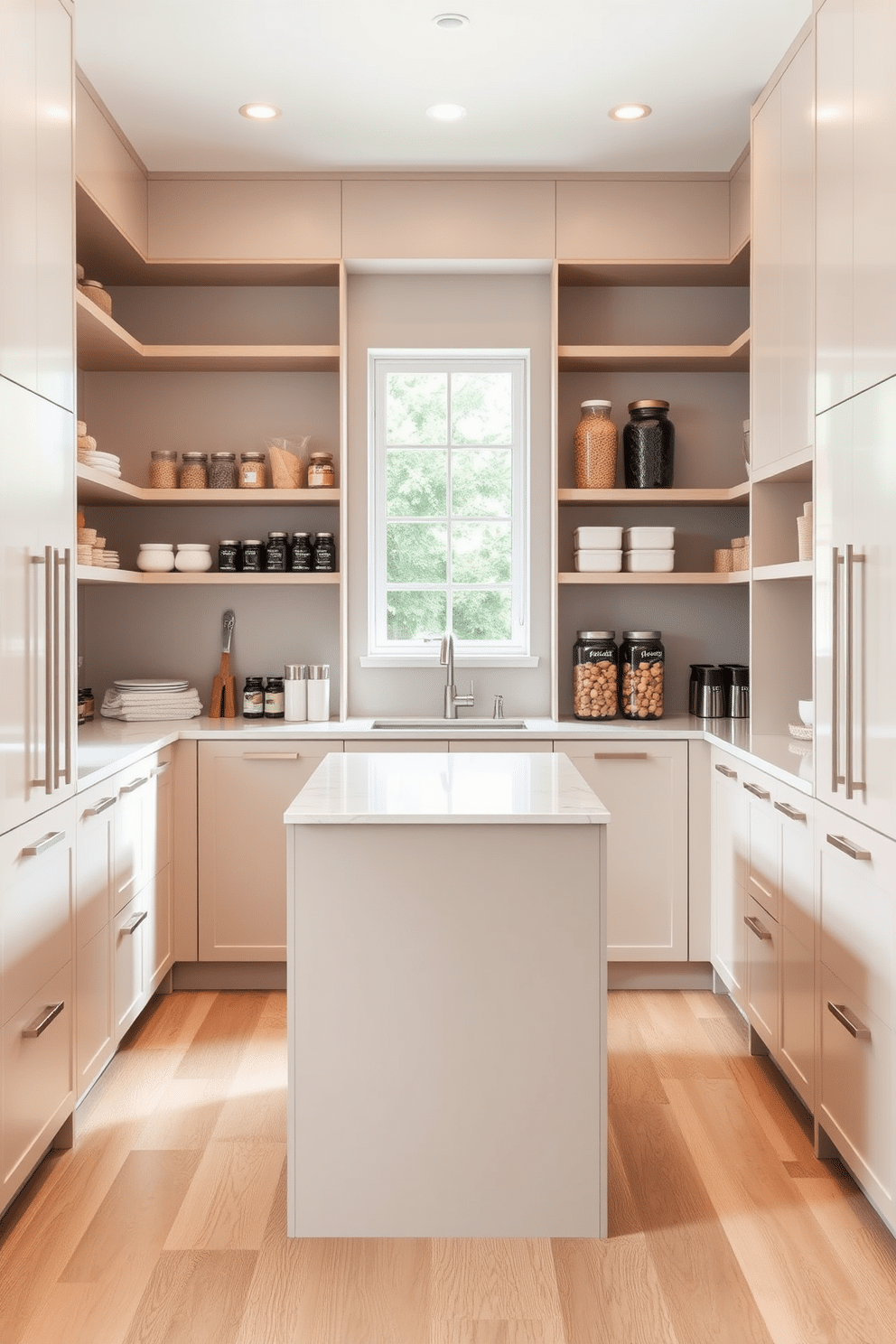 A contemporary pantry featuring sleek cabinetry in a soft beige finish, complemented by stainless steel hardware. Open shelving displays neatly organized jars and containers, while a large window allows natural light to illuminate the space. The floor is adorned with light oak planks, enhancing the airy feel of the room. A minimalist island in the center provides additional workspace and is topped with a subtle marble surface, perfect for meal prep.