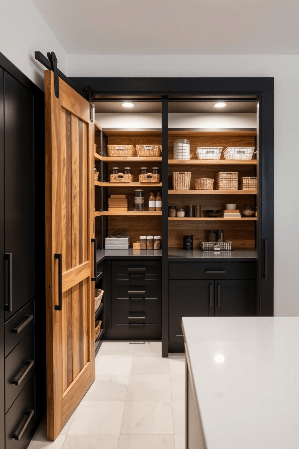 A cozy pantry featuring sliding barn doors that add rustic charm to the space. The interior is organized with open shelving made of reclaimed wood, showcasing neatly arranged jars and baskets. A contemporary pantry design that emphasizes sleek lines and minimalism. The cabinetry is finished in a matte black, with integrated handles and a large island for additional storage and workspace.