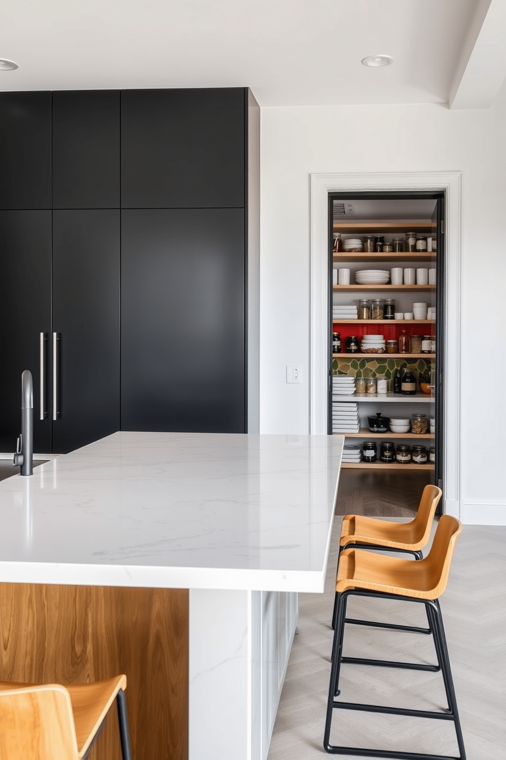 A spacious kitchen featuring a large island with a polished quartz countertop, surrounded by sleek bar stools. The cabinetry is a mix of matte black and natural wood, creating a striking contrast that enhances the modern aesthetic. Adjacent to the kitchen, a well-organized pantry showcases open shelving filled with neatly arranged jars and containers. The walls are painted in a soft white, while a bold backsplash adds a pop of color, making the space both functional and visually appealing.