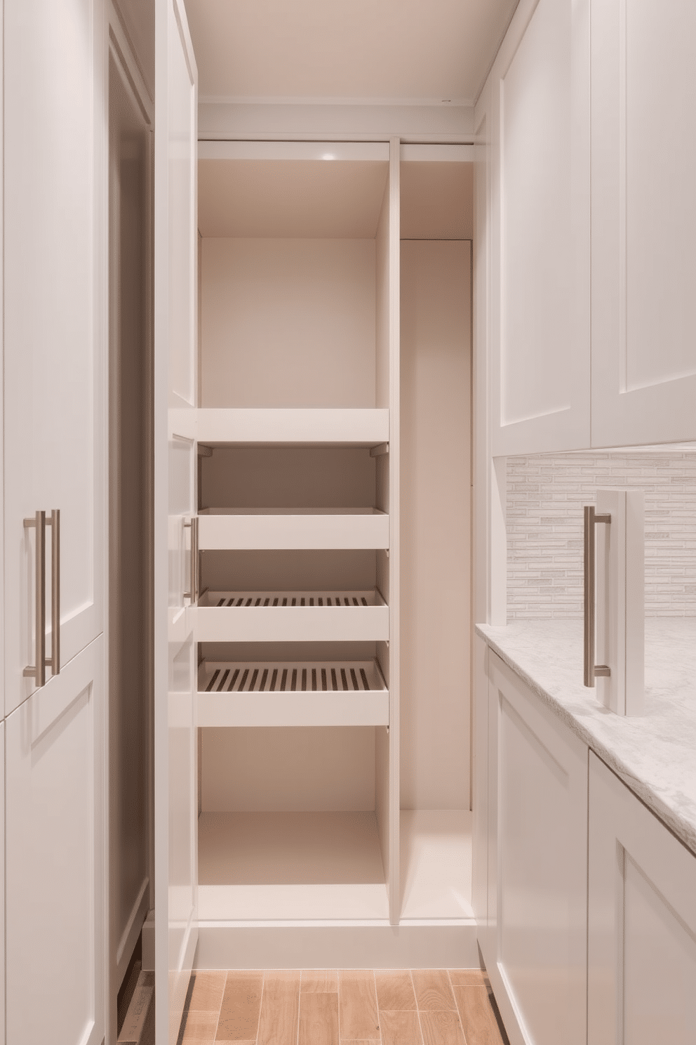 A contemporary pantry design featuring pull-out shelves for convenience. The space is optimized with sleek cabinetry in a soft white finish, complemented by brushed nickel hardware and a subtle backsplash of textured tiles.