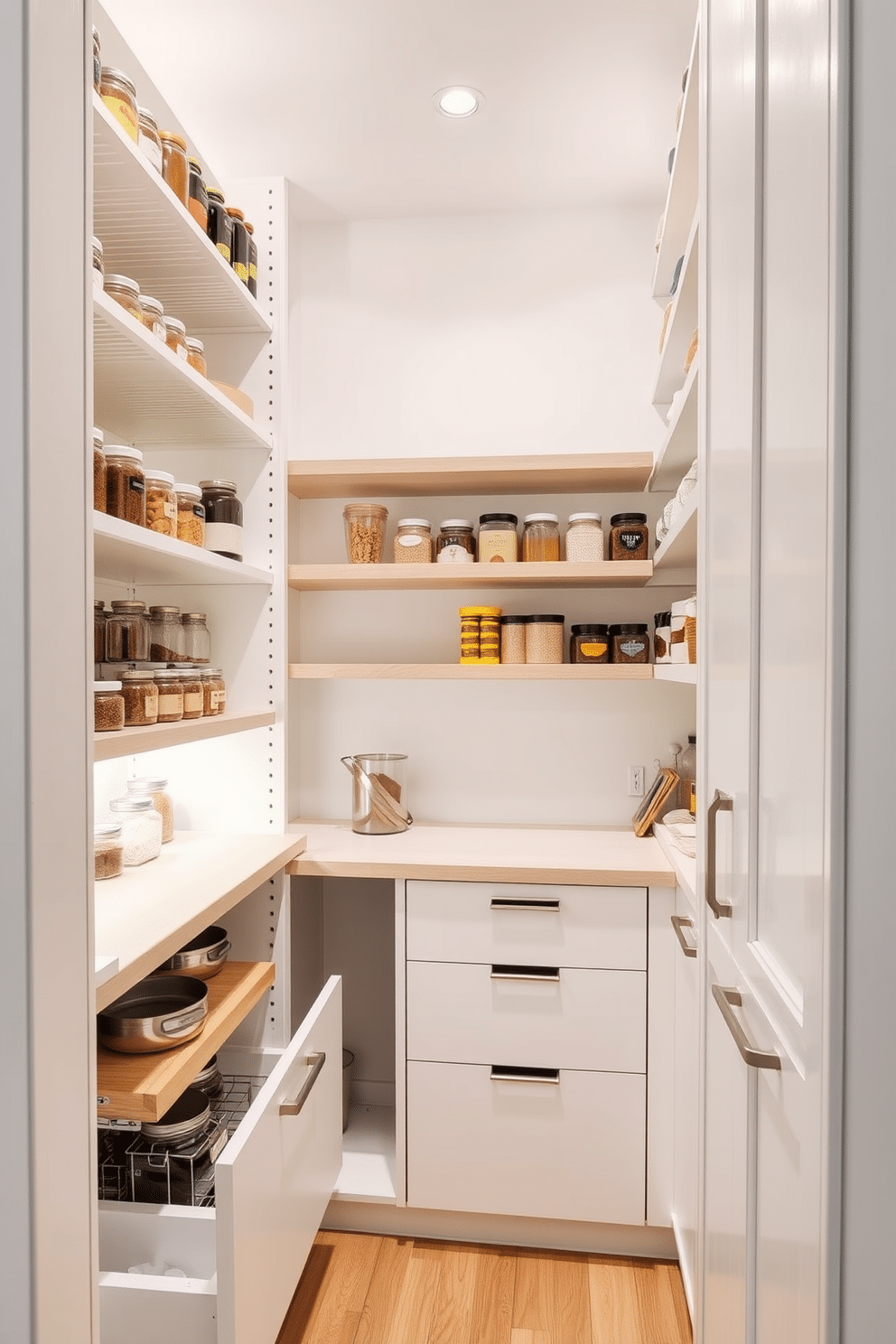 A sleek and modern pantry design featuring vertical storage solutions that maximize space efficiency. Shelving units are installed up to the ceiling, showcasing neatly organized jars and containers, with pull-out drawers below for easy access. The color palette consists of soft whites and natural wood tones, creating a bright and inviting atmosphere. Accent lighting highlights the vertical shelves, while a small countertop area provides a functional workspace for meal prep.