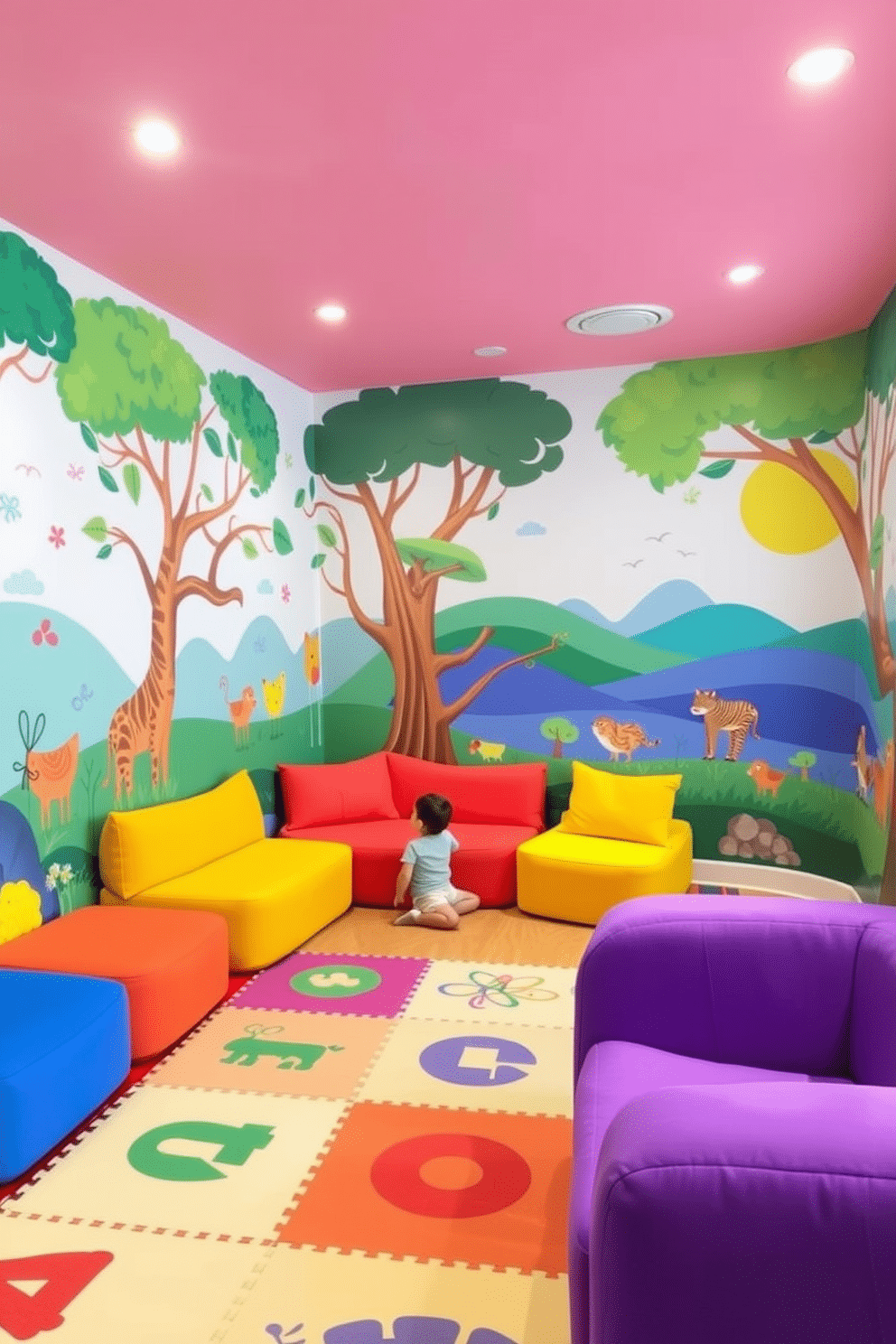 A contemporary playroom filled with bright wall murals that create a playful atmosphere. The walls are adorned with colorful, whimsical designs featuring animals and nature, stimulating creativity and joy. The room features soft, plush seating in vibrant colors, inviting children to relax and play. A large, interactive play mat covers the floor, providing a comfortable space for various activities and games.