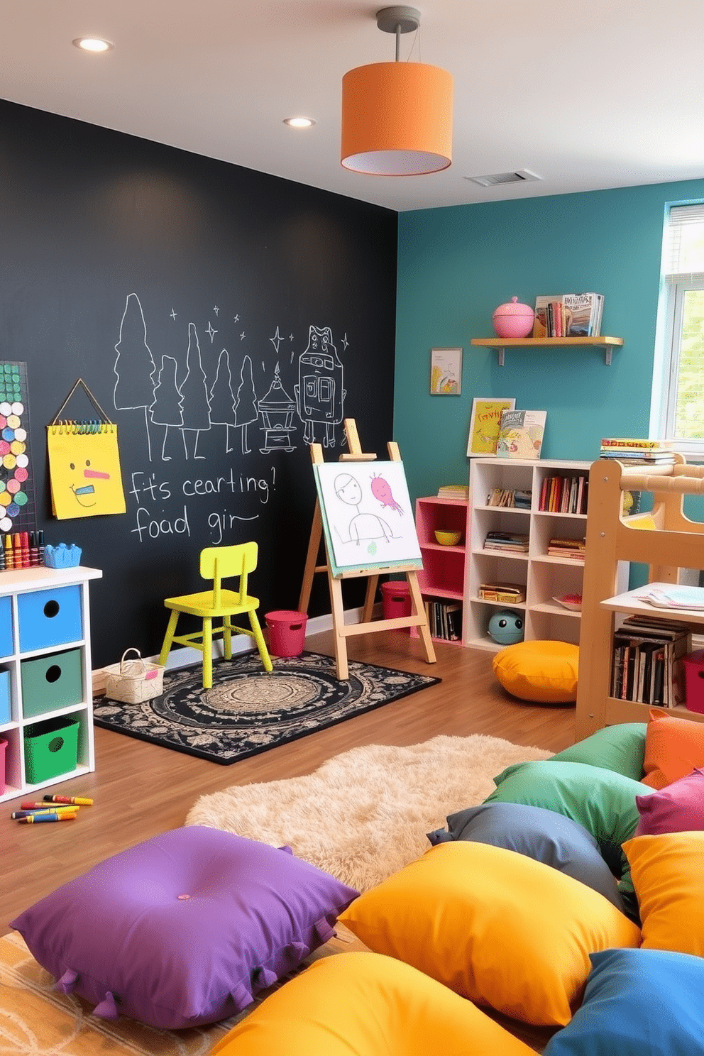 A vibrant playroom designed for creativity, featuring distinct zones for different activities. One area is dedicated to art, with a large easel, colorful paints, and a wall covered in chalkboard paint for endless drawing fun. Adjacent to the art zone is a cozy reading nook, complete with a plush rug and shelves filled with books. The playroom also includes a soft play area with oversized cushions and a climbing structure, all bathed in bright, cheerful colors.