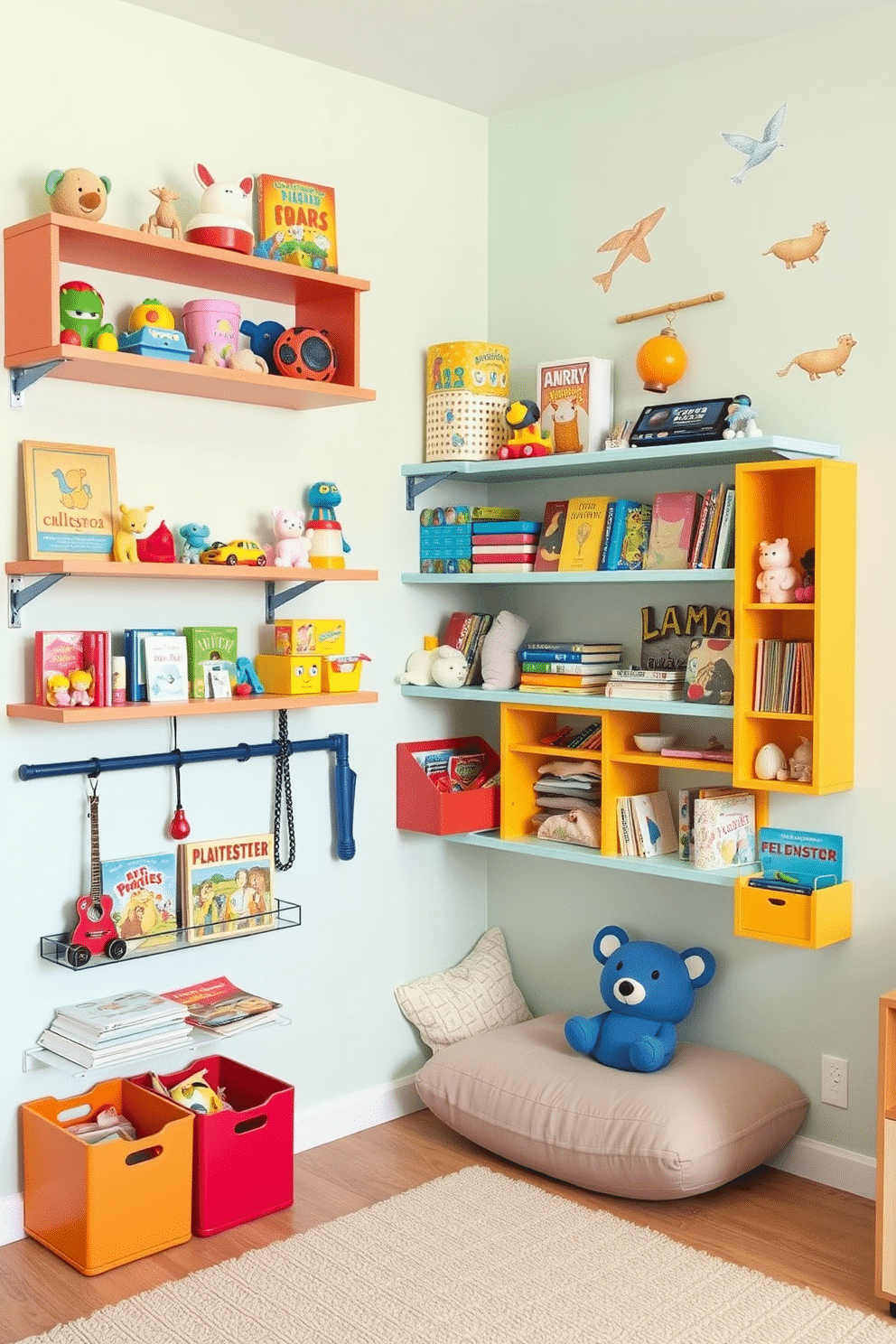 A contemporary playroom features wall-mounted toys that maximize space while keeping the area organized and playful. Brightly colored shelves display an array of toys, art supplies, and books, creating an engaging environment for children to explore and learn. The walls are painted in a soft pastel hue, complemented by playful wall decals that stimulate creativity. A cozy reading nook with plush cushions is nestled in one corner, inviting kids to settle in with their favorite stories.