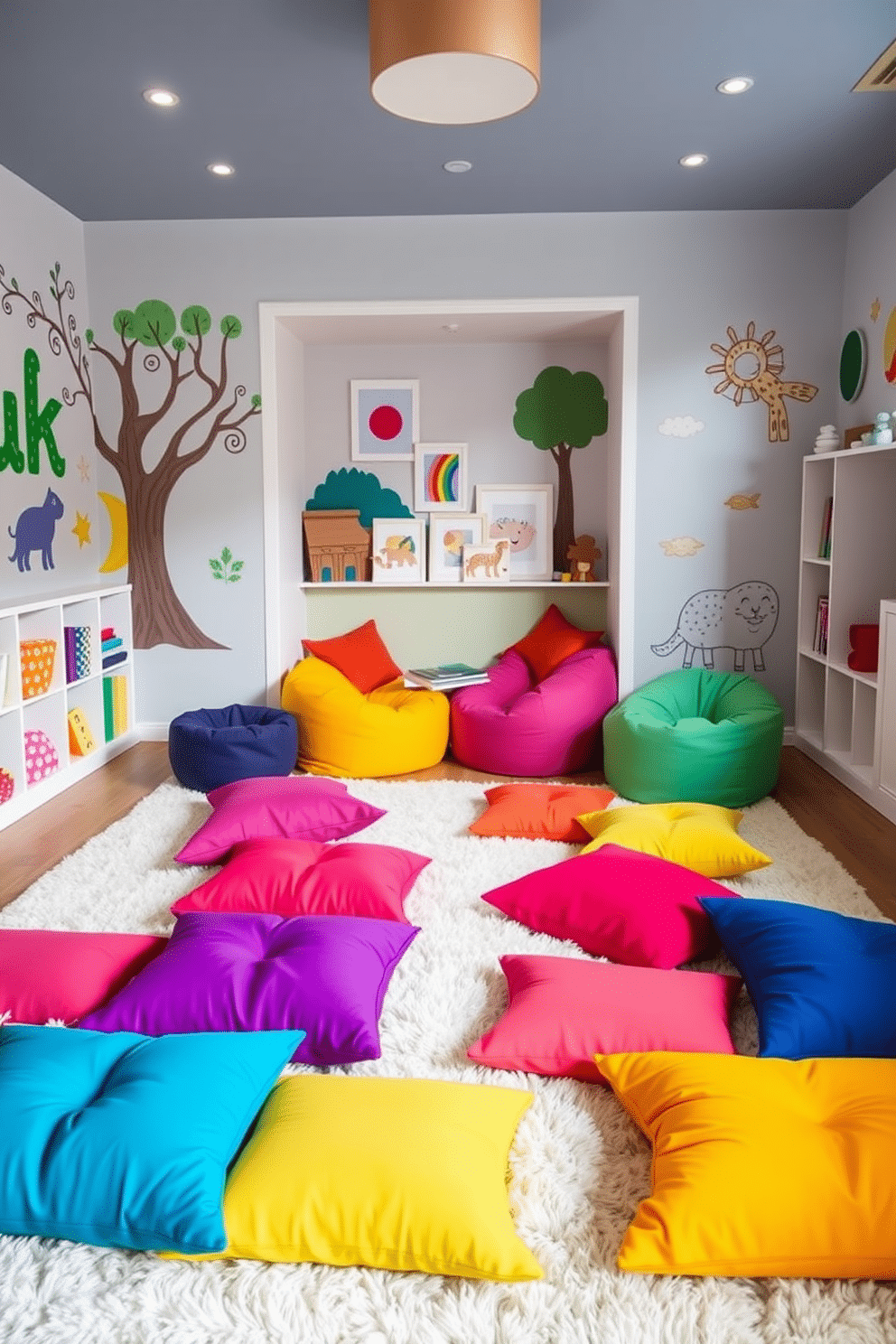 A contemporary playroom features a vibrant array of brightly colored cushions scattered across a soft, plush rug. The walls are adorned with playful murals, and a cozy reading nook is created with oversized bean bags in bold hues.