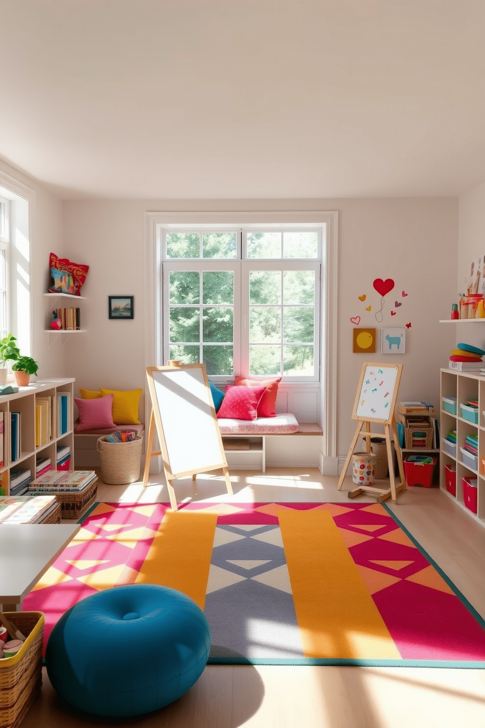 A vibrant playroom filled with natural light, featuring a cozy reading nook adorned with colorful cushions. In one corner, art easels stand ready for budding young artists, surrounded by a variety of art supplies and playful wall decals. The walls are painted in a soft pastel palette, creating a cheerful and inviting atmosphere. A large rug in bright geometric patterns anchors the space, while shelves display finished artwork and creative projects.