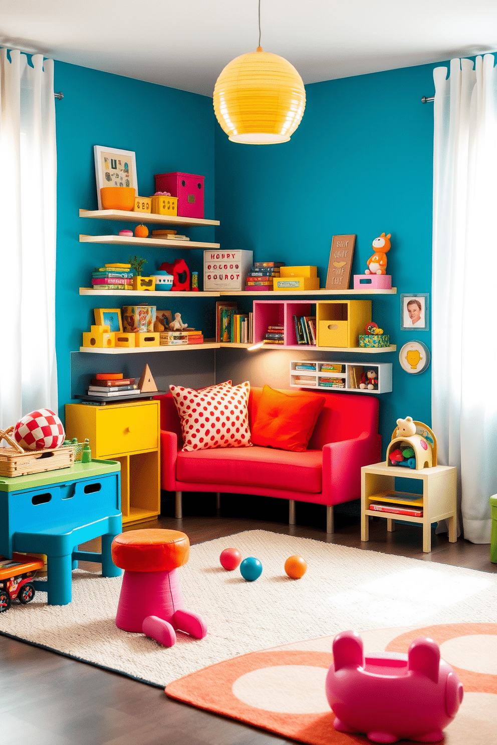 A contemporary playroom filled with vibrant colors and playful decor. The space features light-filtering curtains that allow soft illumination to create a warm and inviting atmosphere. Brightly colored furniture, including a cozy reading nook with oversized cushions, complements the playful theme. Wall-mounted shelves display an array of toys and books, while a large rug provides a comfortable area for play.