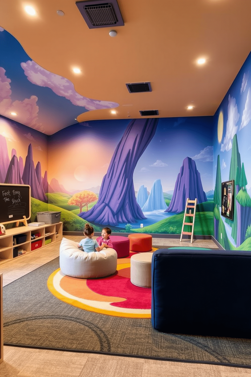 A contemporary playroom designed for immersive experiences features vibrant wall murals depicting fantastical landscapes, creating an engaging atmosphere for children. The space includes a variety of playful furniture pieces, such as bean bags and modular seating, arranged in a way that encourages creativity and interaction. Incorporate interactive elements like a chalkboard wall and a climbing structure to inspire physical activity and imaginative play. Soft, colorful rugs define different zones within the room, ensuring comfort and safety while enhancing the overall playful aesthetic.