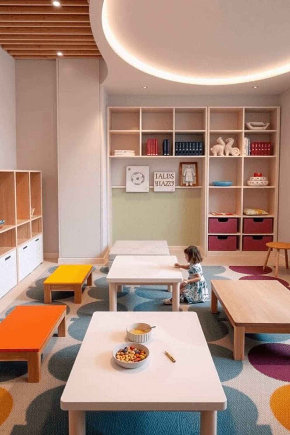 A contemporary playroom designed for children features low tables crafted from durable materials, ensuring easy access for little ones. The space is filled with vibrant colors and playful patterns, creating an inviting atmosphere for creativity and play.