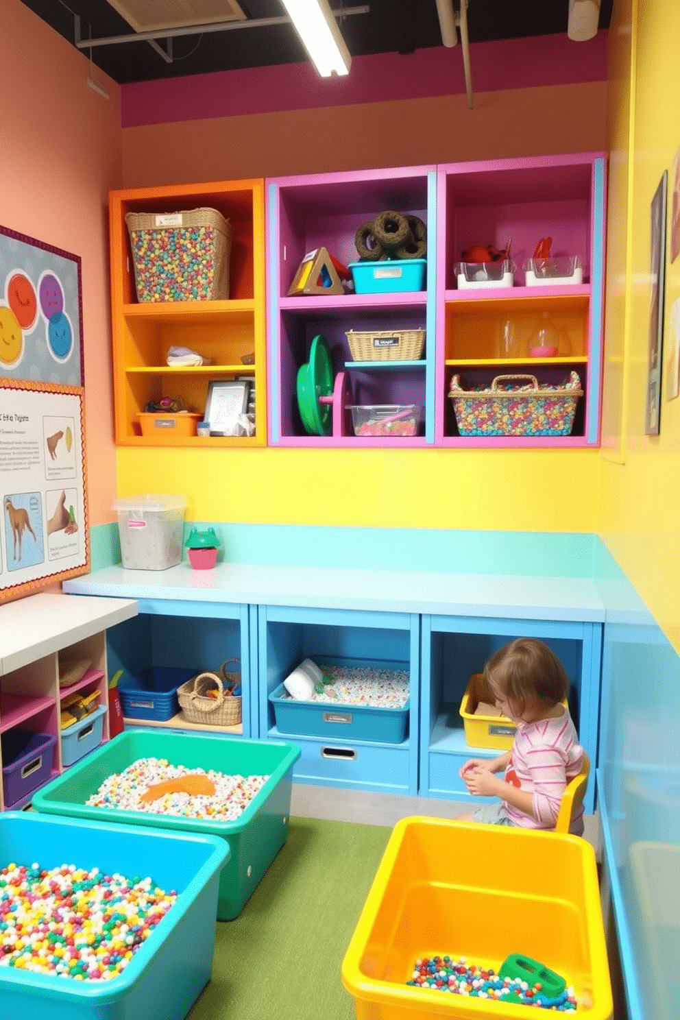 A vibrant playroom designed for sensory play features various stations filled with colorful materials for hands-on learning. Each station includes textured surfaces, interactive elements, and engaging tools to stimulate creativity and exploration. The walls are painted in cheerful pastel colors, and the floor is covered with soft, cushioned mats for safety. Brightly colored shelving displays sensory bins filled with items like sand, water beads, and tactile toys, encouraging children to experiment and discover.