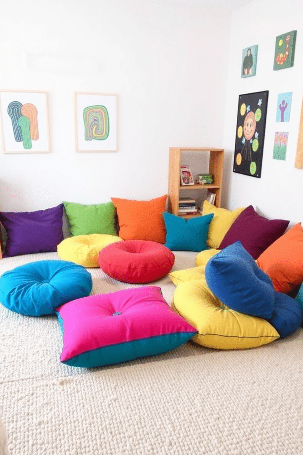 A contemporary playroom features vibrant floor cushions in various shapes and sizes, creating a playful and inviting atmosphere for children. The walls are adorned with colorful artwork, and a soft, textured rug anchors the seating area, providing a comfortable space for play and creativity.