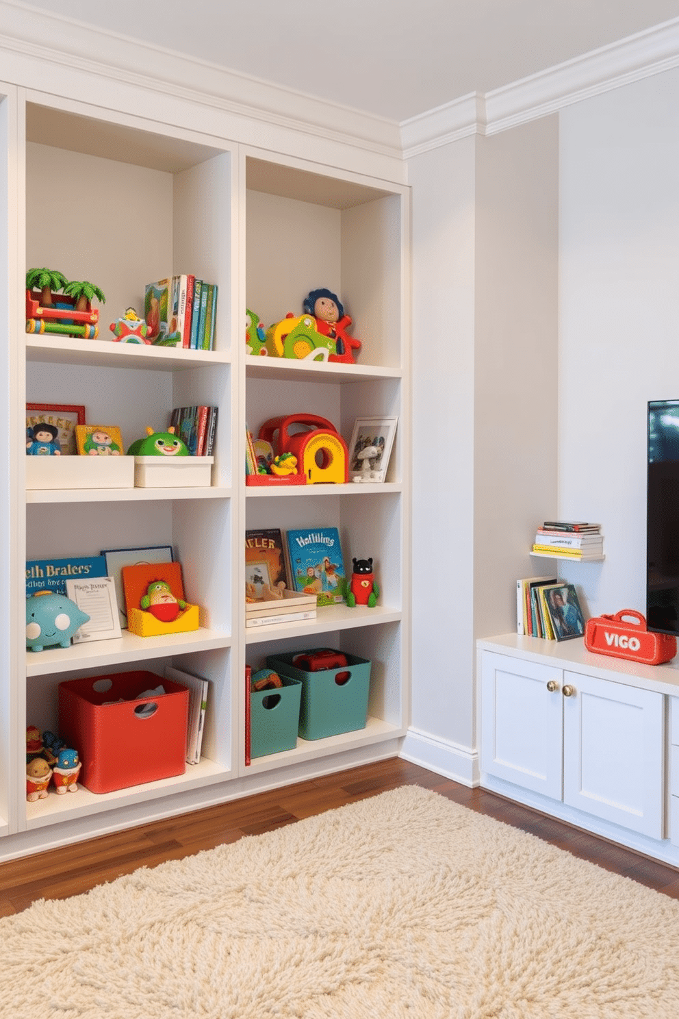 A contemporary playroom features open shelving filled with colorful toys and books, providing easy access for children. The walls are painted in a soft pastel hue, and a plush area rug adds warmth and comfort to the space.