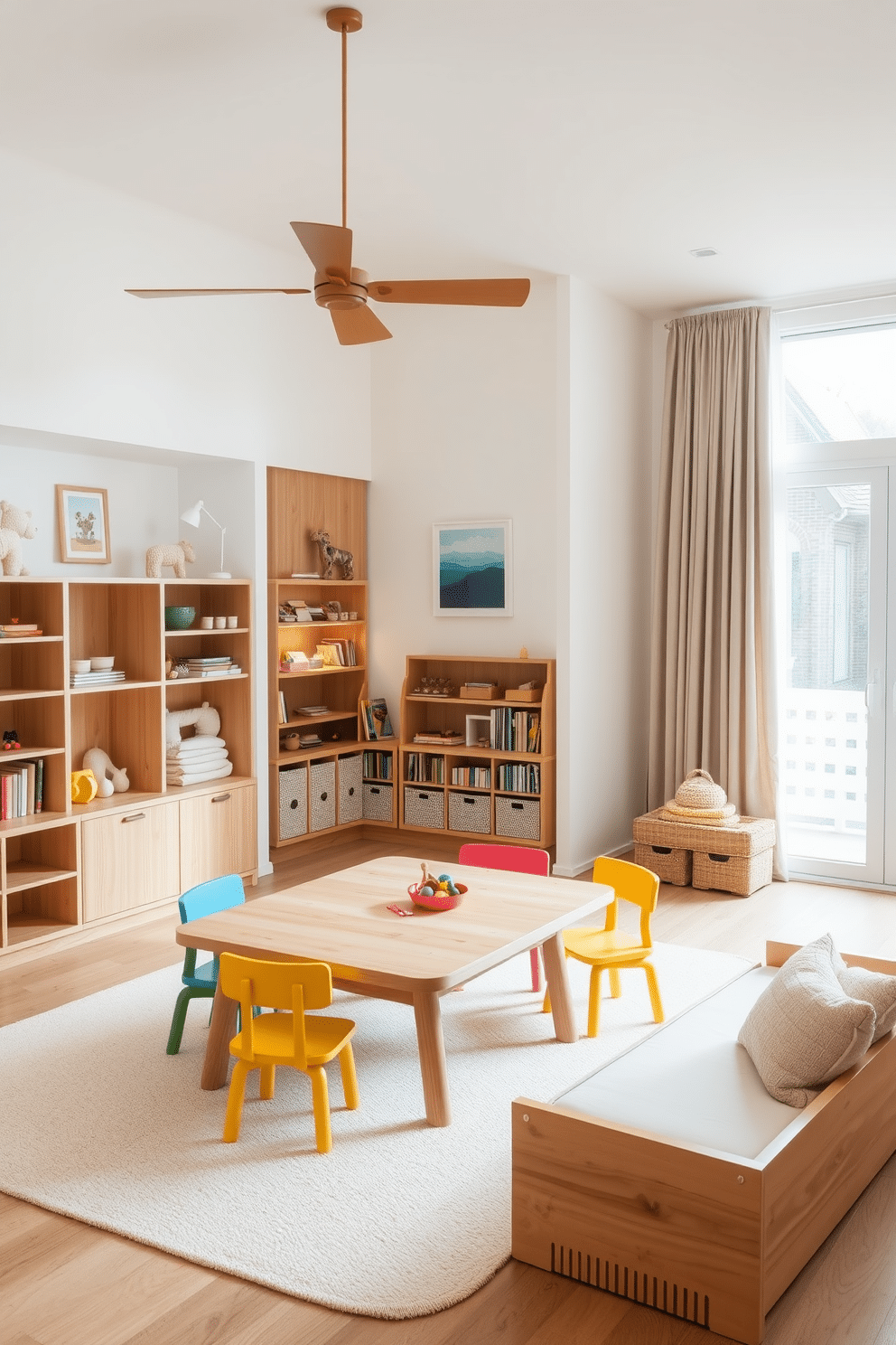 A serene playroom designed with natural wood furniture creates a calming atmosphere for children. The space features a wooden table surrounded by colorful chairs, with soft rugs and playful wall art enhancing the cheerful environment. Incorporate built-in wooden shelves to display toys and books, promoting organization and creativity. Large windows allow natural light to flood the room, complemented by soft, neutral curtains that add warmth and comfort.