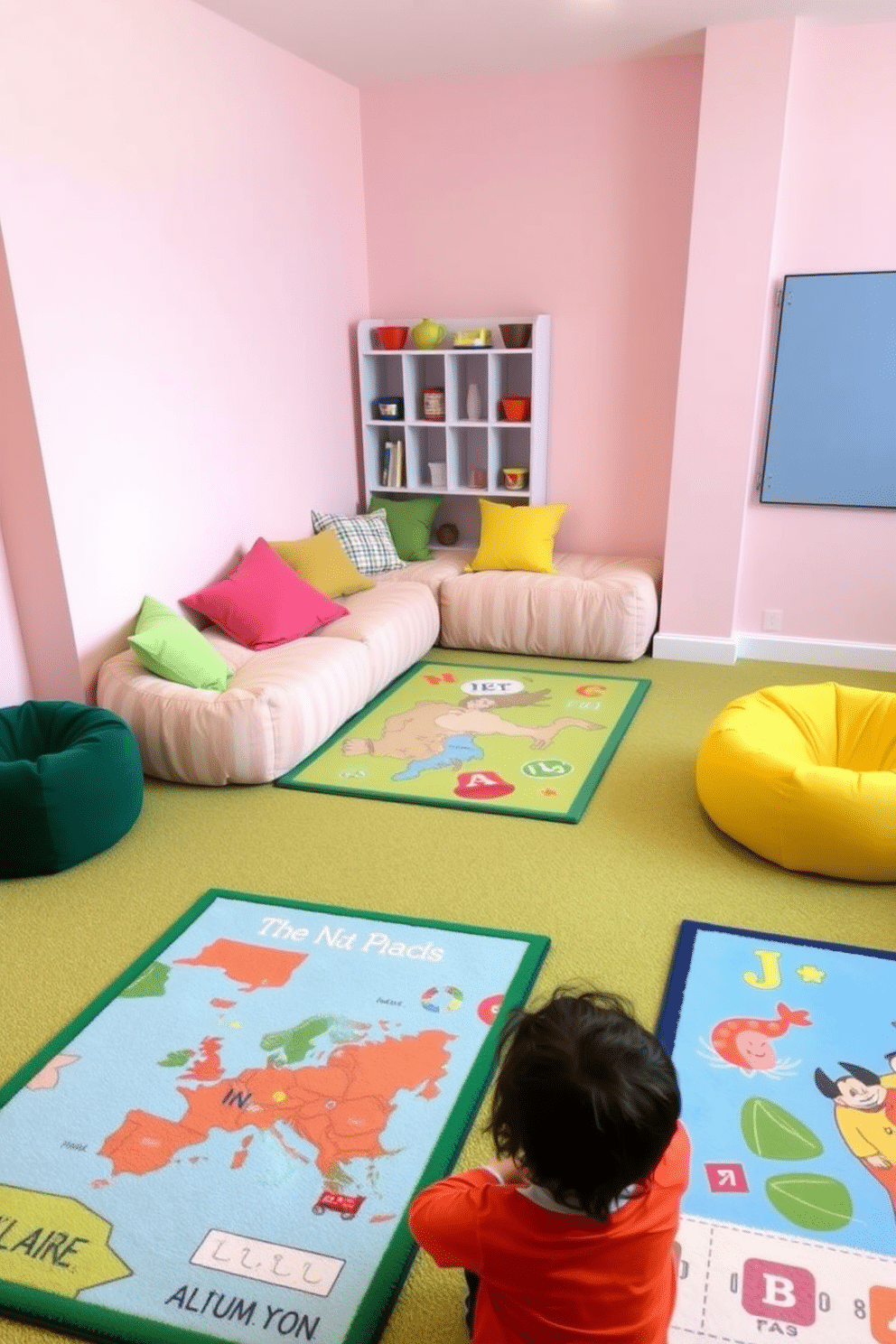 A vibrant playroom featuring interactive rugs with educational themes. The rugs display colorful maps and letters, encouraging learning through play while adding a playful touch to the space. The walls are painted in a soft pastel color, creating a warm and inviting atmosphere. Plush seating areas with bean bags and colorful cushions provide comfortable spots for children to relax and engage in activities.