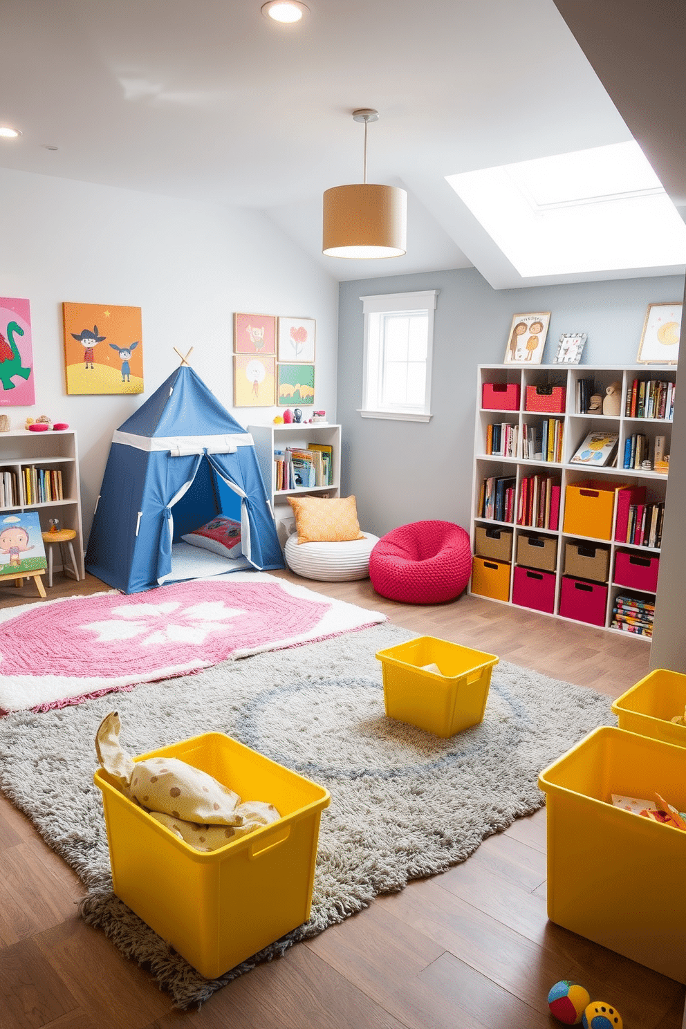 A whimsical playroom featuring colorful play tents designed for imaginative adventures. The space is filled with soft, plush rugs and vibrant wall art, creating a cheerful atmosphere for children to explore and create. In one corner, a cozy reading nook is adorned with bean bags and shelves filled with books. Brightly colored storage bins are neatly arranged, keeping toys organized while adding a playful touch to the contemporary design.