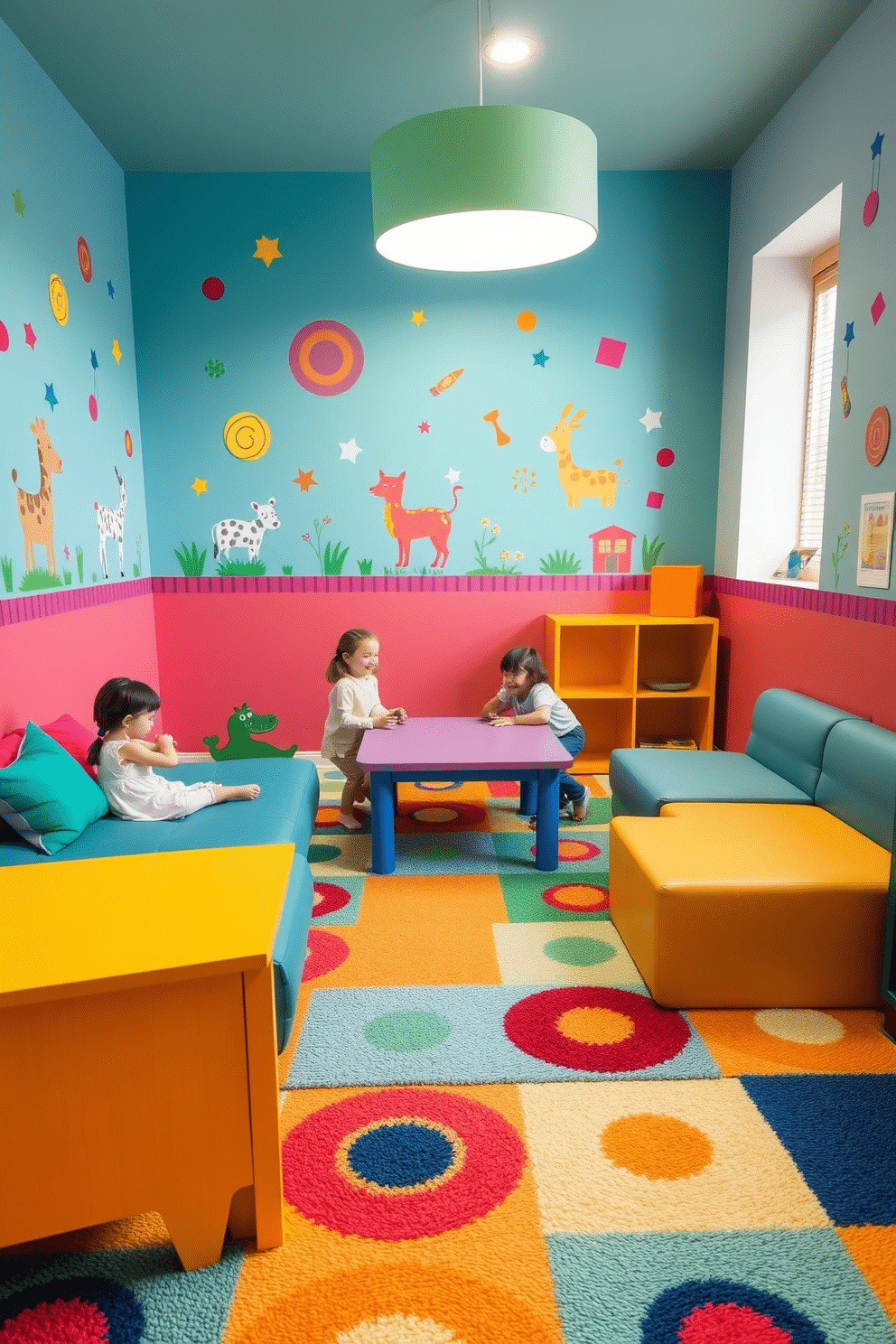 A vibrant playroom filled with energy and creativity. The walls are adorned with playful wall decals featuring whimsical animals and geometric shapes to enhance visual interest. Brightly colored furniture, including a low table and cushioned seating, invites children to engage in imaginative play. A soft area rug in bold patterns anchors the space, providing a comfortable spot for activities.