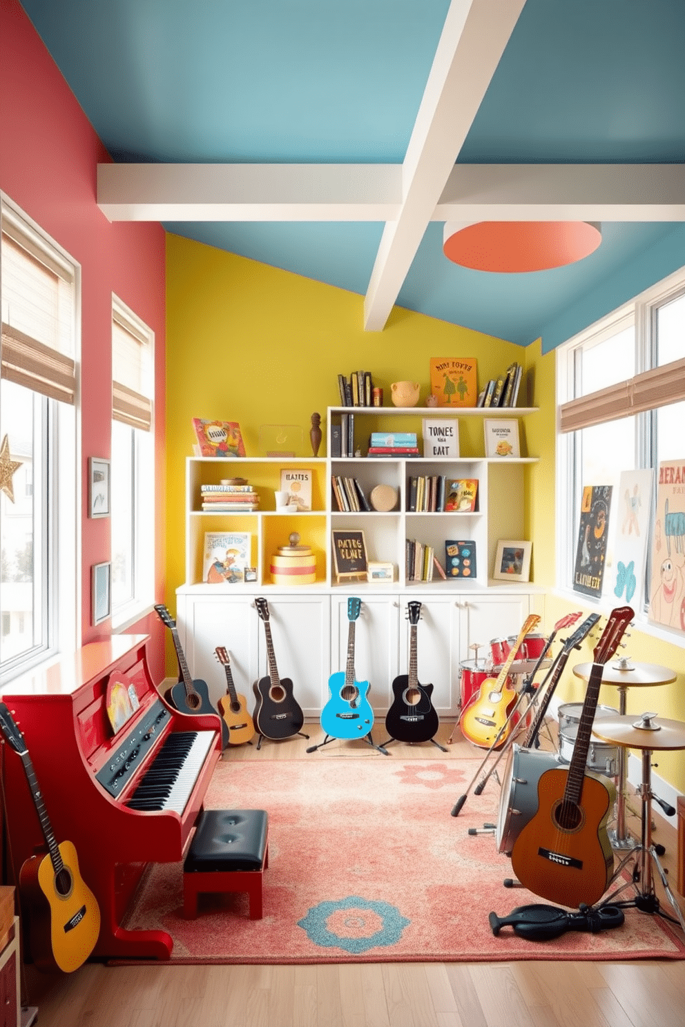 A vibrant contemporary playroom filled with various musical instruments for creative expression. The walls are painted in bright, playful colors, and a soft, durable rug covers the floor, providing a cozy space for children to explore their musical talents. In one corner, a colorful piano stands next to a collection of guitars and a drum set, all easily accessible for young musicians. Shelves filled with music books and art supplies encourage creativity, while large windows allow natural light to flood the room, creating an inviting atmosphere.