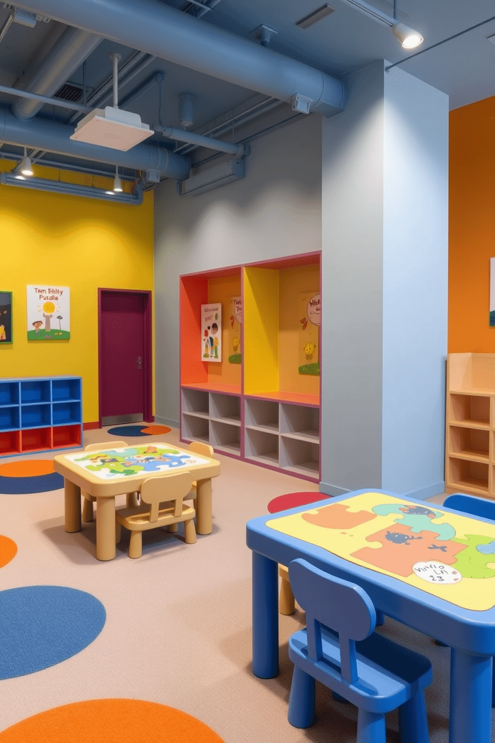 A contemporary playroom featuring a vibrant color palette, with puzzle tables designed for engaging activities scattered throughout the space. The walls are adorned with playful artwork, and soft, durable flooring provides a safe area for children to explore and play.