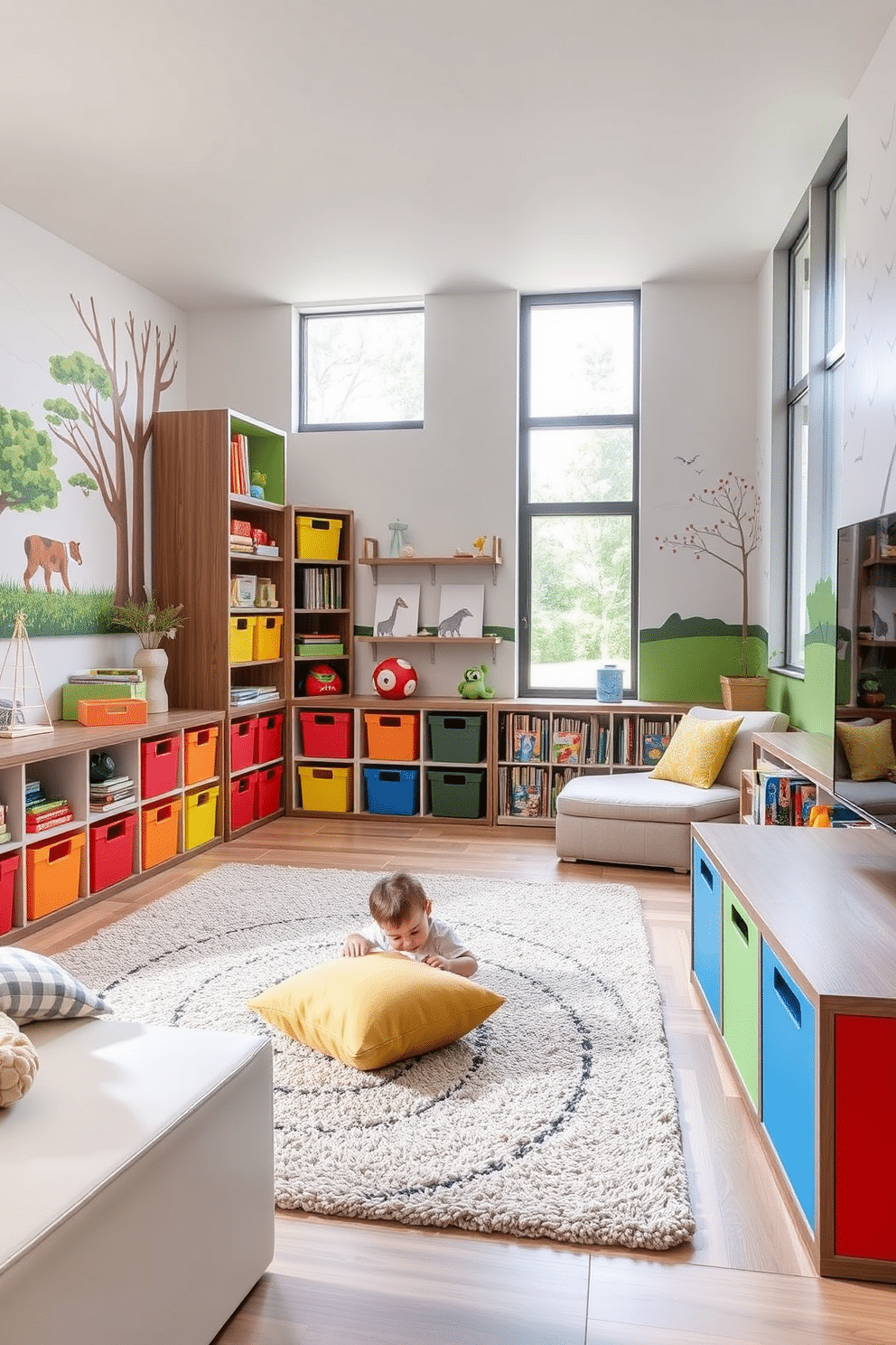 A contemporary playroom designed for versatility features modular furniture that can be easily rearranged to create different activity zones. Brightly colored storage bins are integrated into the design, allowing for easy organization of toys and games while maintaining a playful aesthetic. The walls are adorned with playful murals that inspire creativity, and large windows provide ample natural light. A soft, textured rug anchors the space, creating a cozy area for reading or playing on the floor.