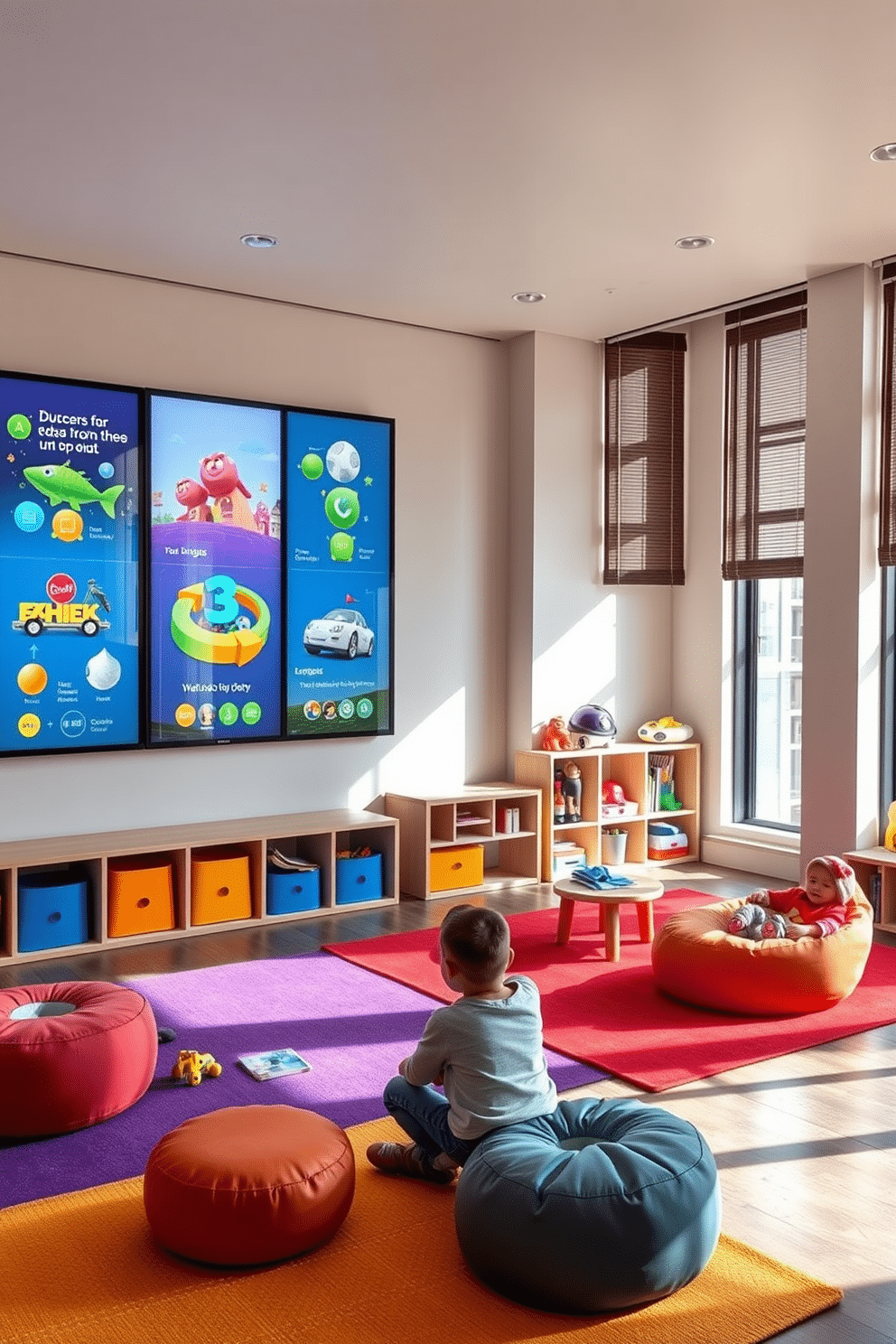 A contemporary playroom designed for modern learning features interactive wall panels that display educational content and games. The room is filled with modular furniture that can be easily rearranged to create different learning zones, encouraging creativity and collaboration. Brightly colored rugs define separate areas for reading, crafting, and technology use, with ample natural light streaming through large windows. Smart storage solutions keep toys and learning materials organized, while a cozy nook with bean bags invites relaxation and quiet time.